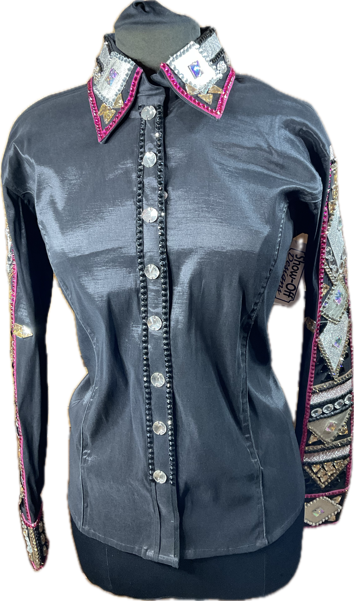 XL Day Shirt Black stretch taffeta with pink, silver and gold