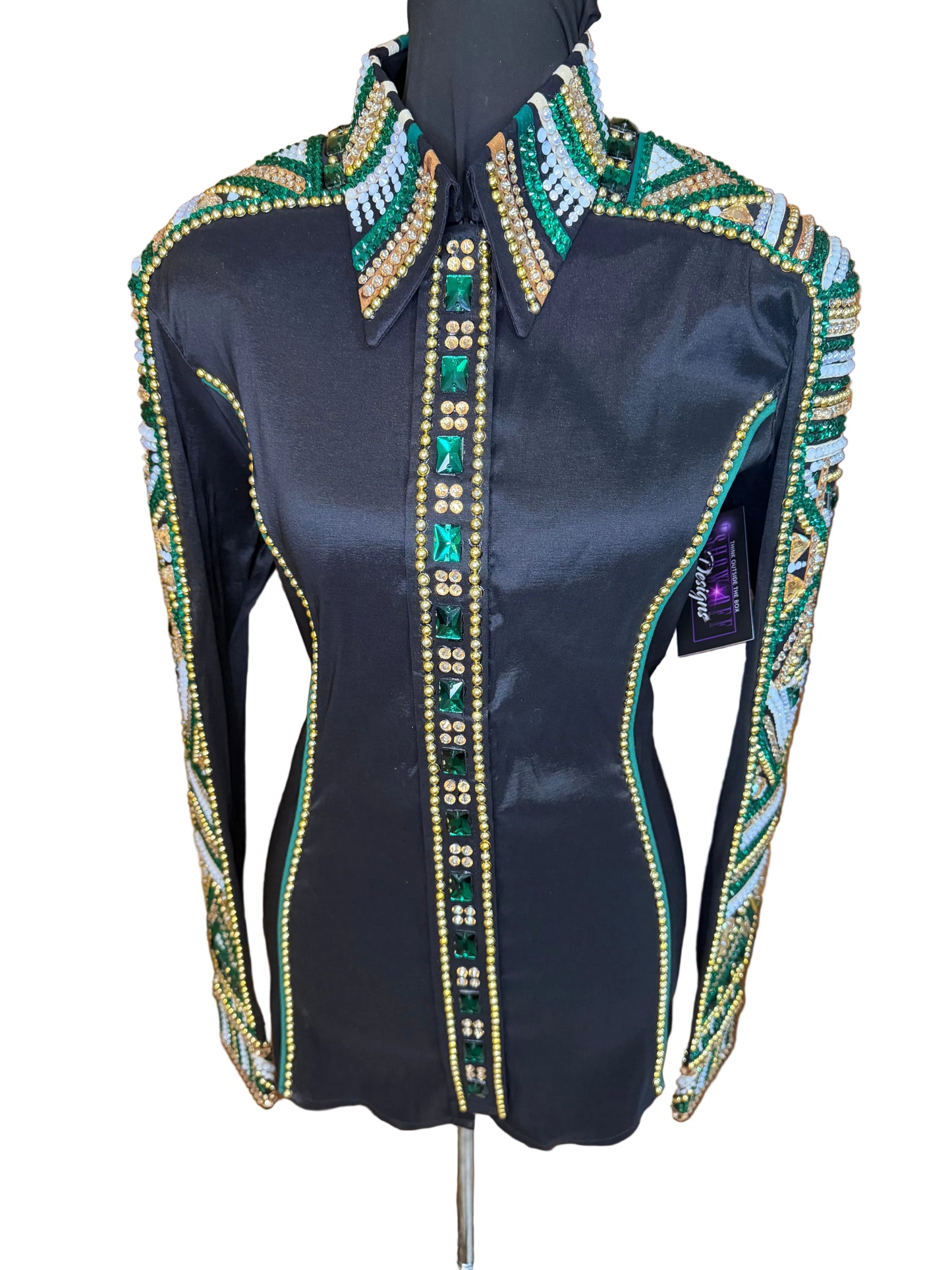 Large Black Stretch Taffeta Day Shirt with Emerald Green and Gold