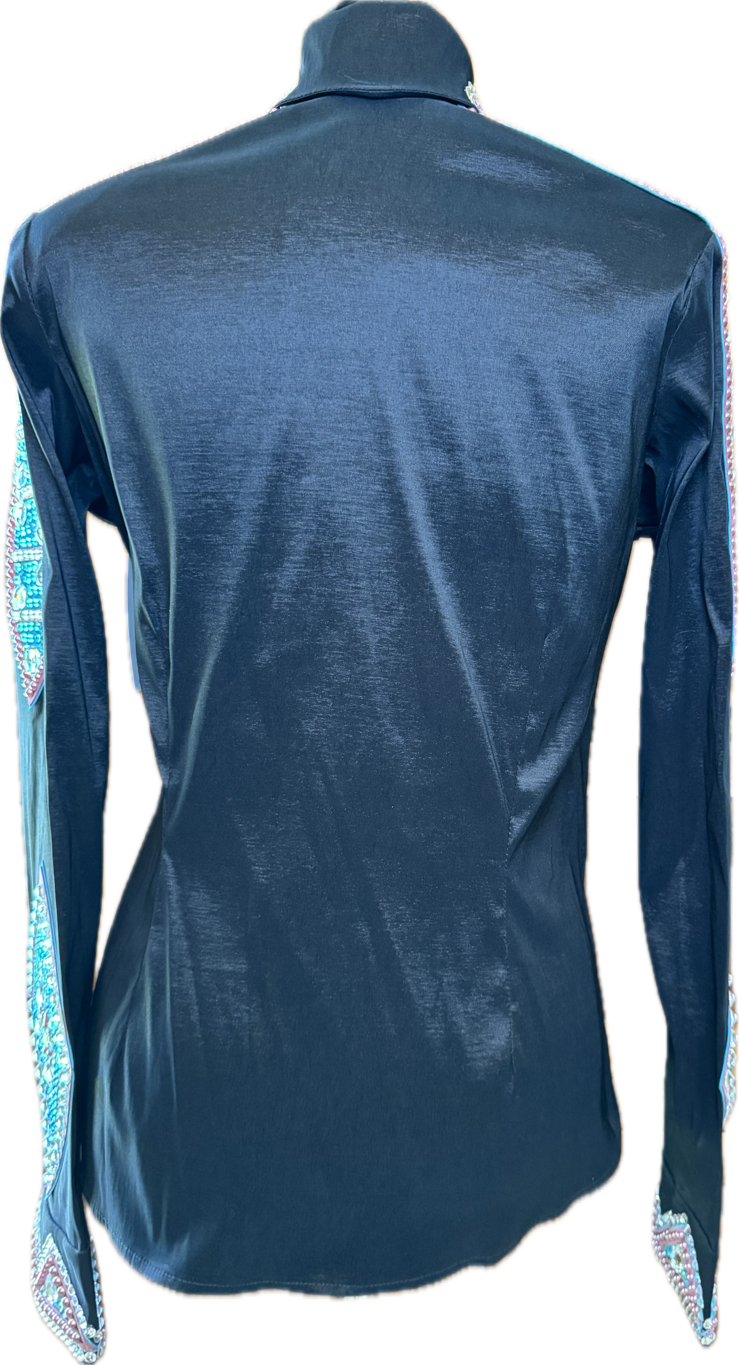 Size Medium Black Stretch Taffeta with Mauve and Aqua Accents