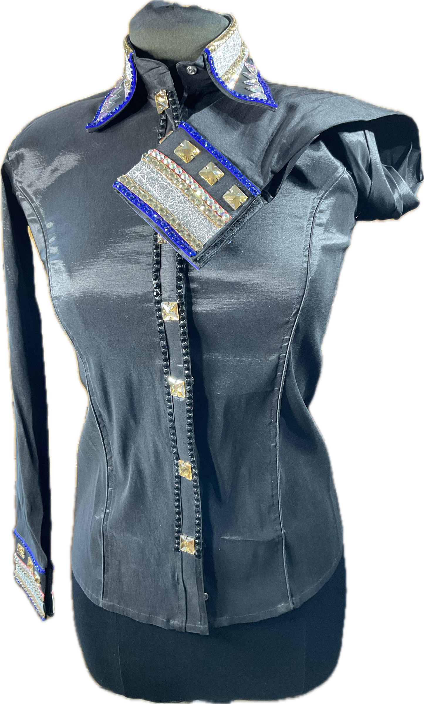 Small black stretch taffeta day shirt with royal blue, pink, gold and silver accents