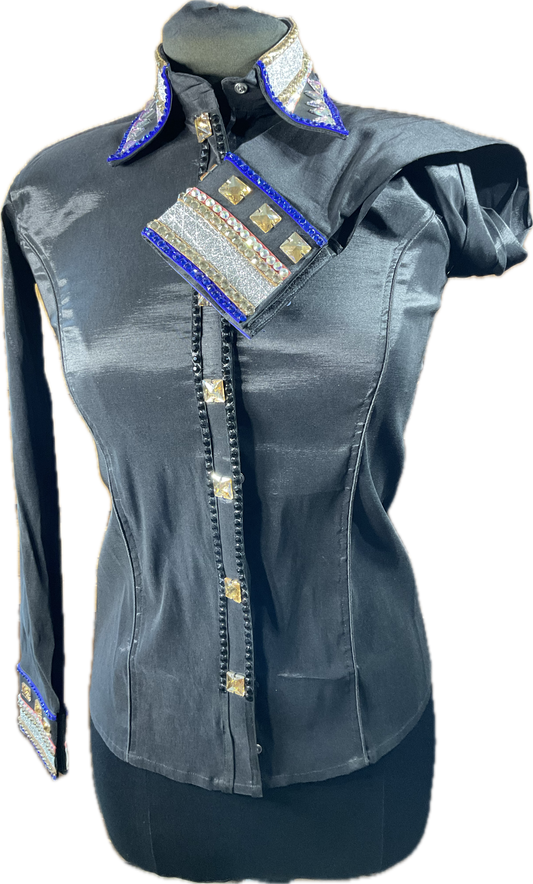 Small black stretch taffeta day shirt with royal blue, pink, gold and silver accents