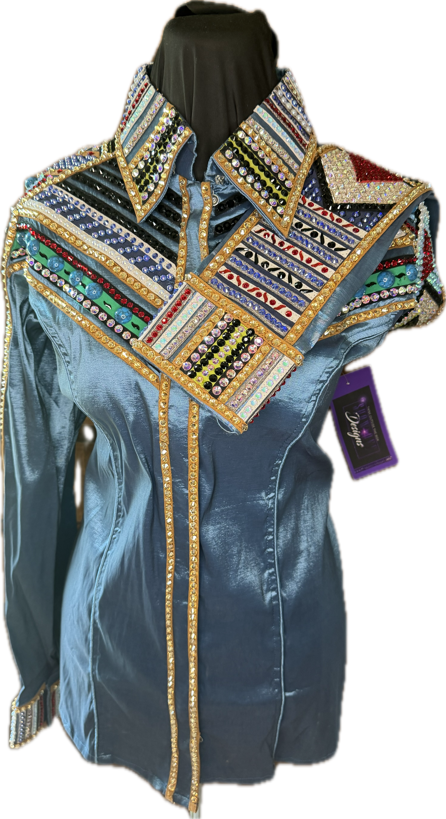 XL Day Shirt Turquoise Stretch Taffeta with Stunning Design Down The Arm with Retro Style