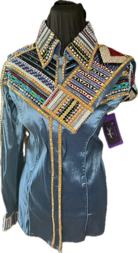 XL Day Shirt Turquoise Stretch Taffeta with Stunning Design Down The Arm with Retro Style
