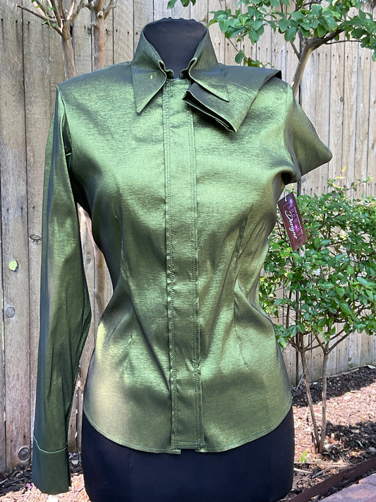 Olive Green Plain Stretch Taffeta Plain Shirt