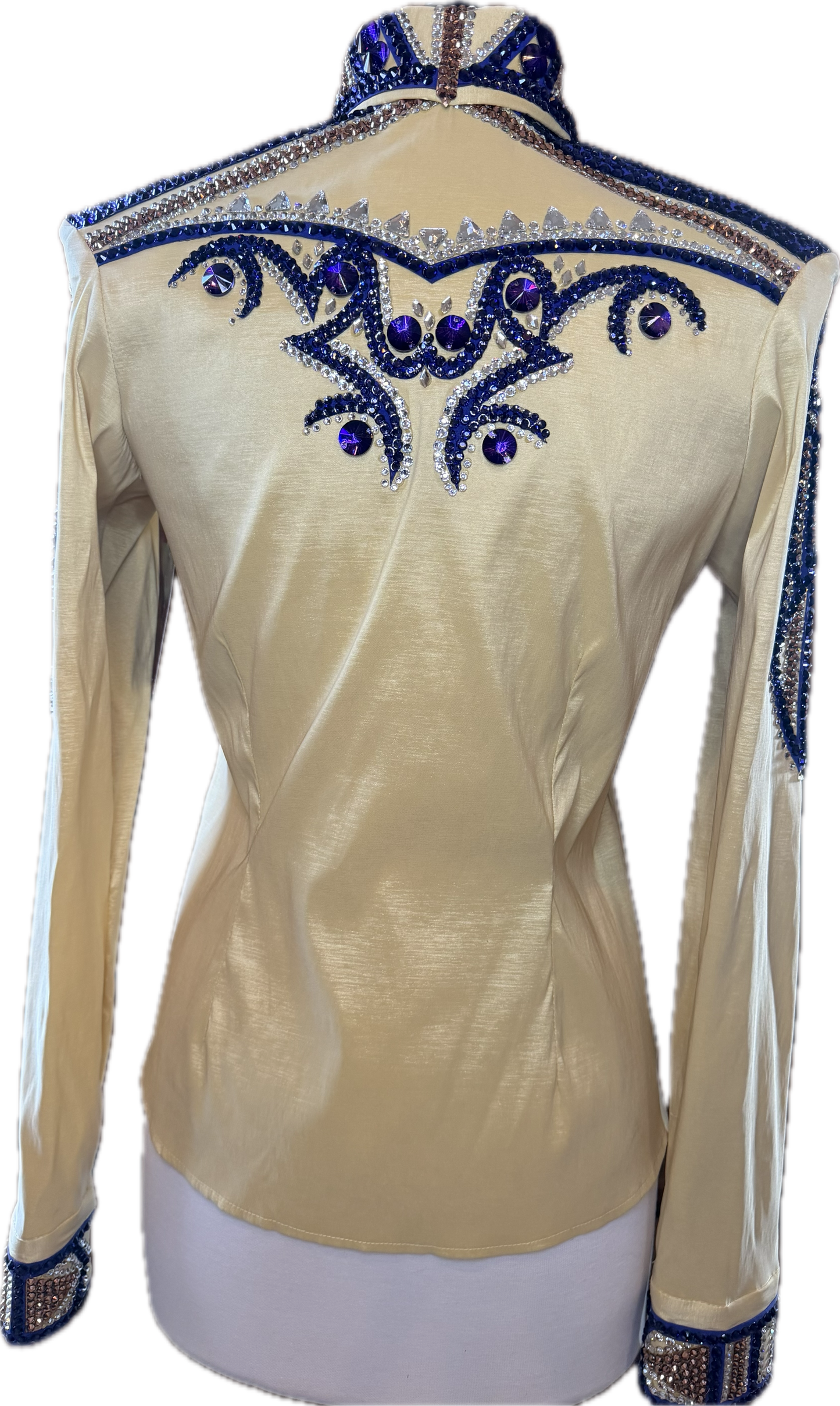 Size medium day shirt gold stretch taffeta with purple retro design