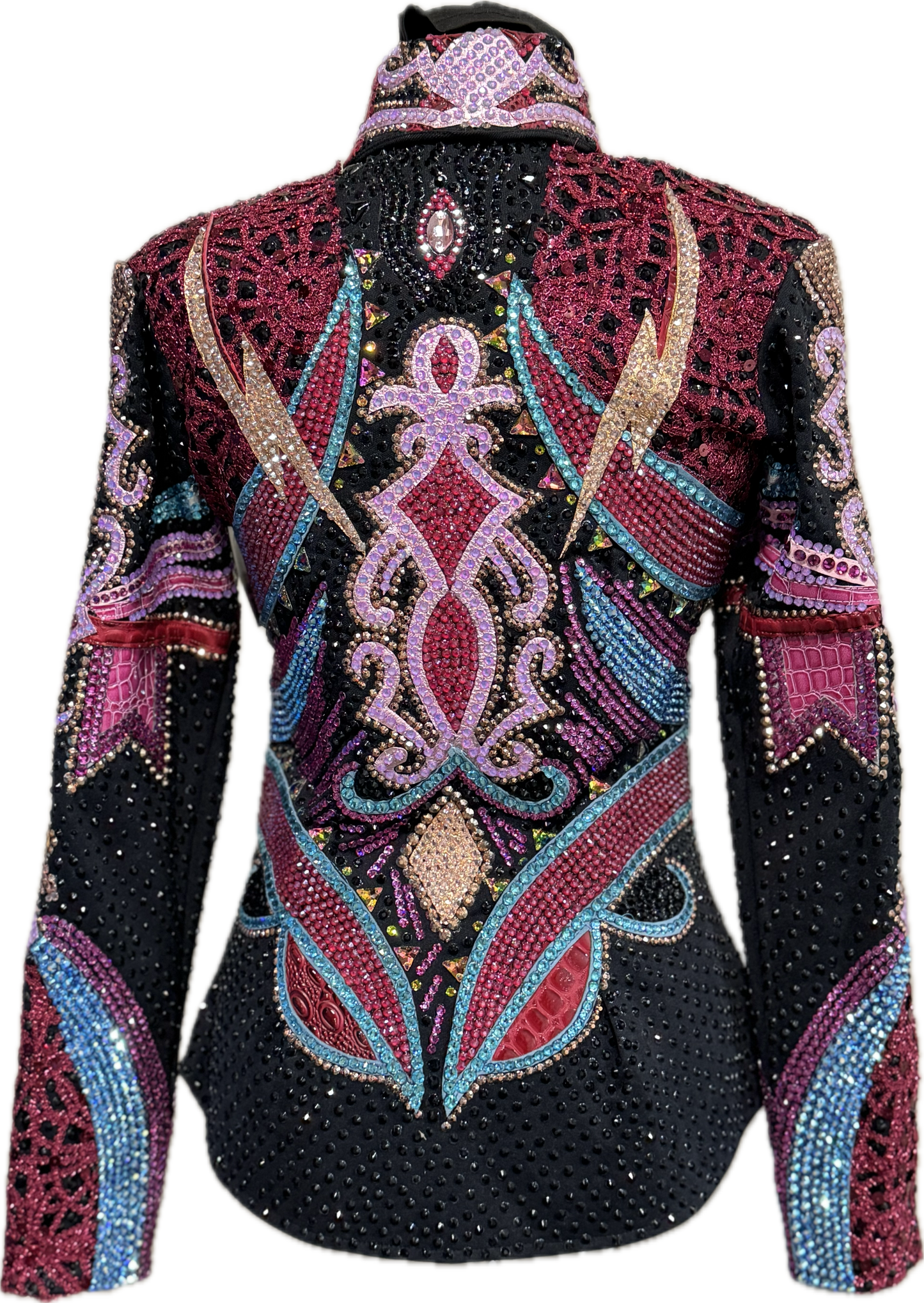 Extra Small Black Showmanship Jacket with Burgundy, Pink and Blues
