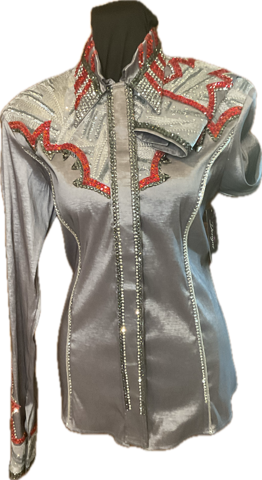 Size Large Grey Taffeta Day Shirt with Red and Silver Details