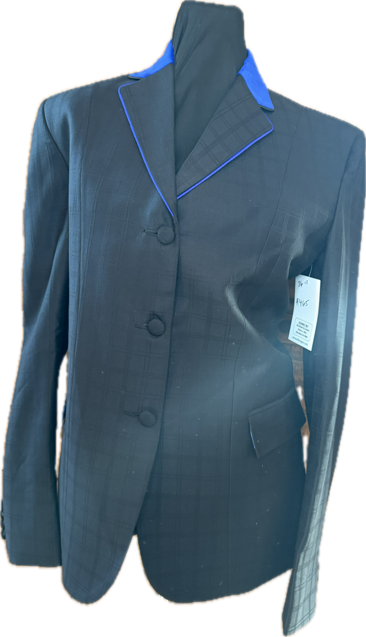 *36 Bust* Black Plaid with Royal Blue Velvet collar and Matching Piping