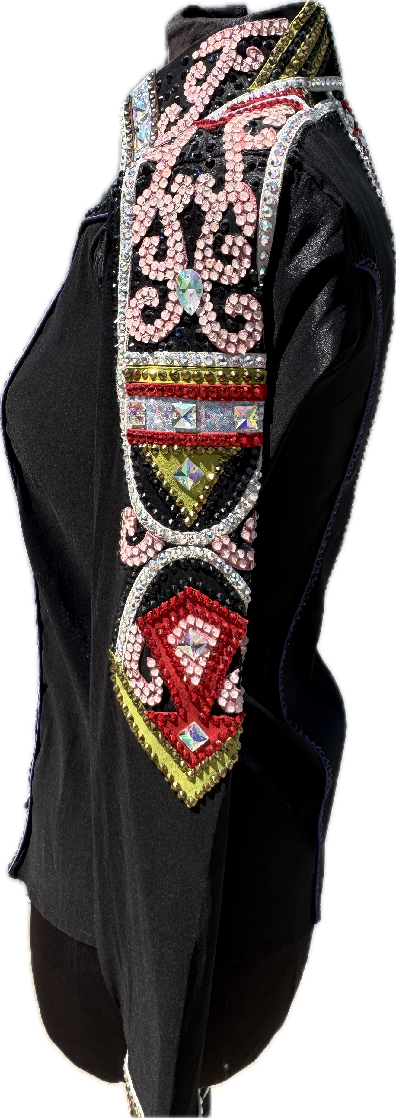 Size medium Black Stretch Taffeta with Pink, Red, White, Copper