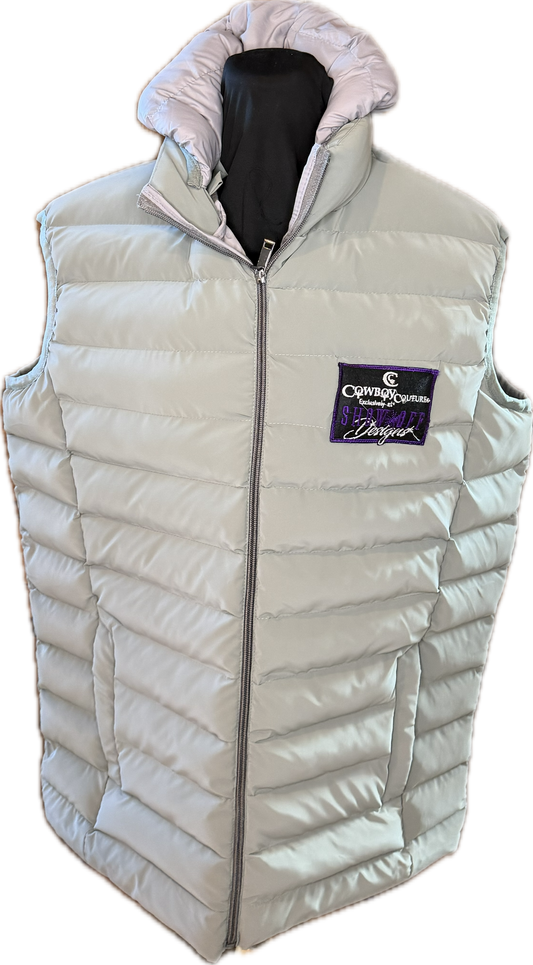 Men's Taupe Adidas Cowboy Couture Puff Embroidered Vest. Detachable Hood, zip up front.