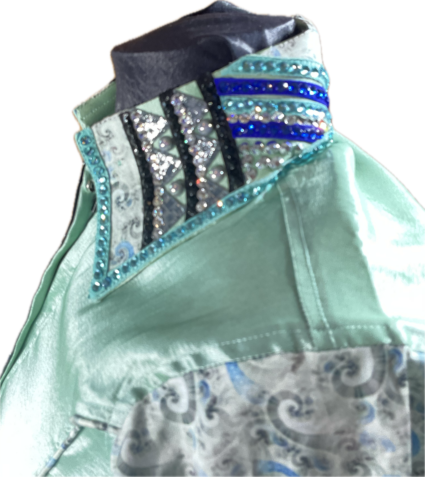 XS mint green stretch taffeta with printed sleeves and royal blue, mint and black accents