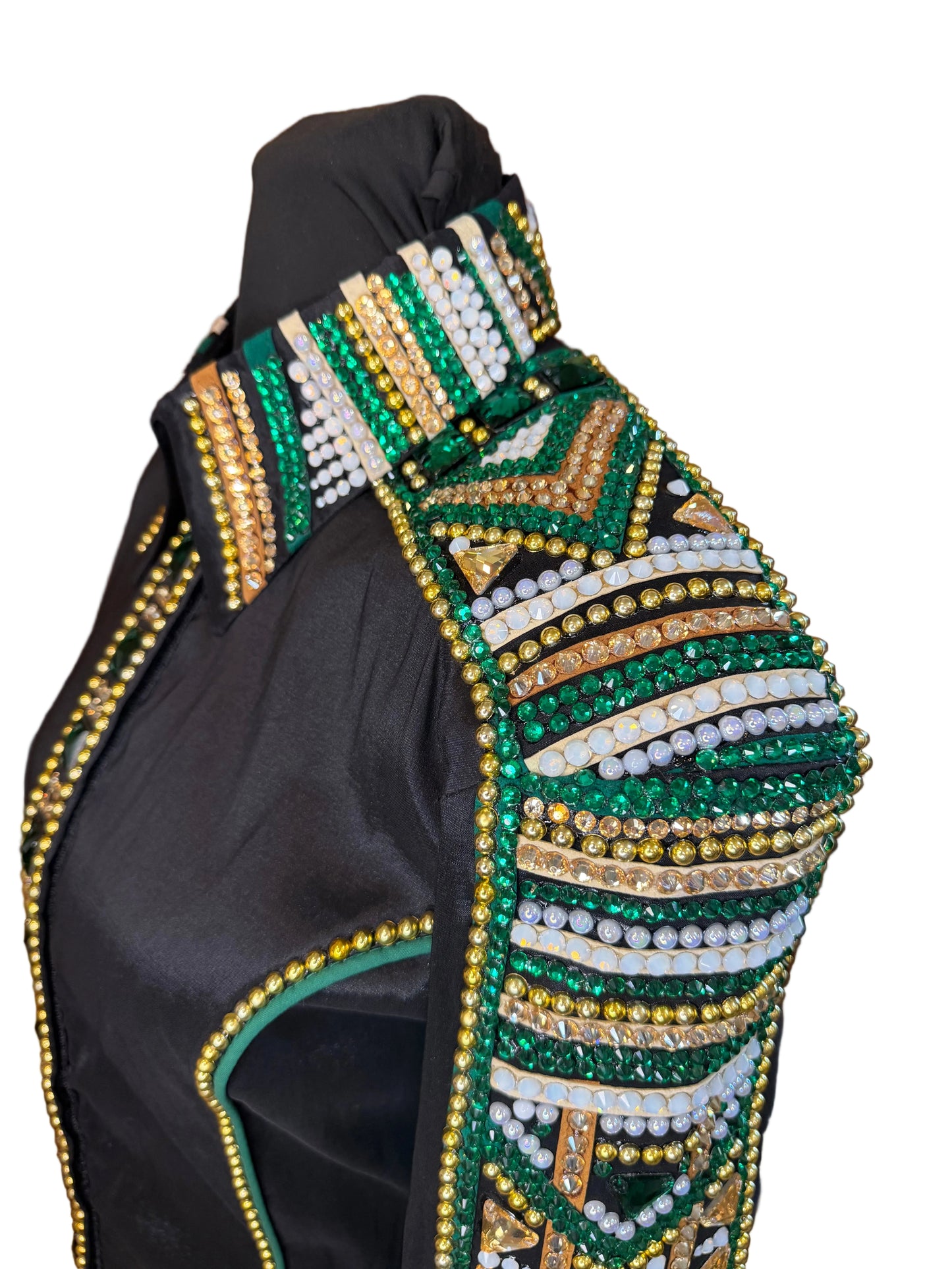Large Black Stretch Taffeta Day Shirt with Emerald Green and Gold