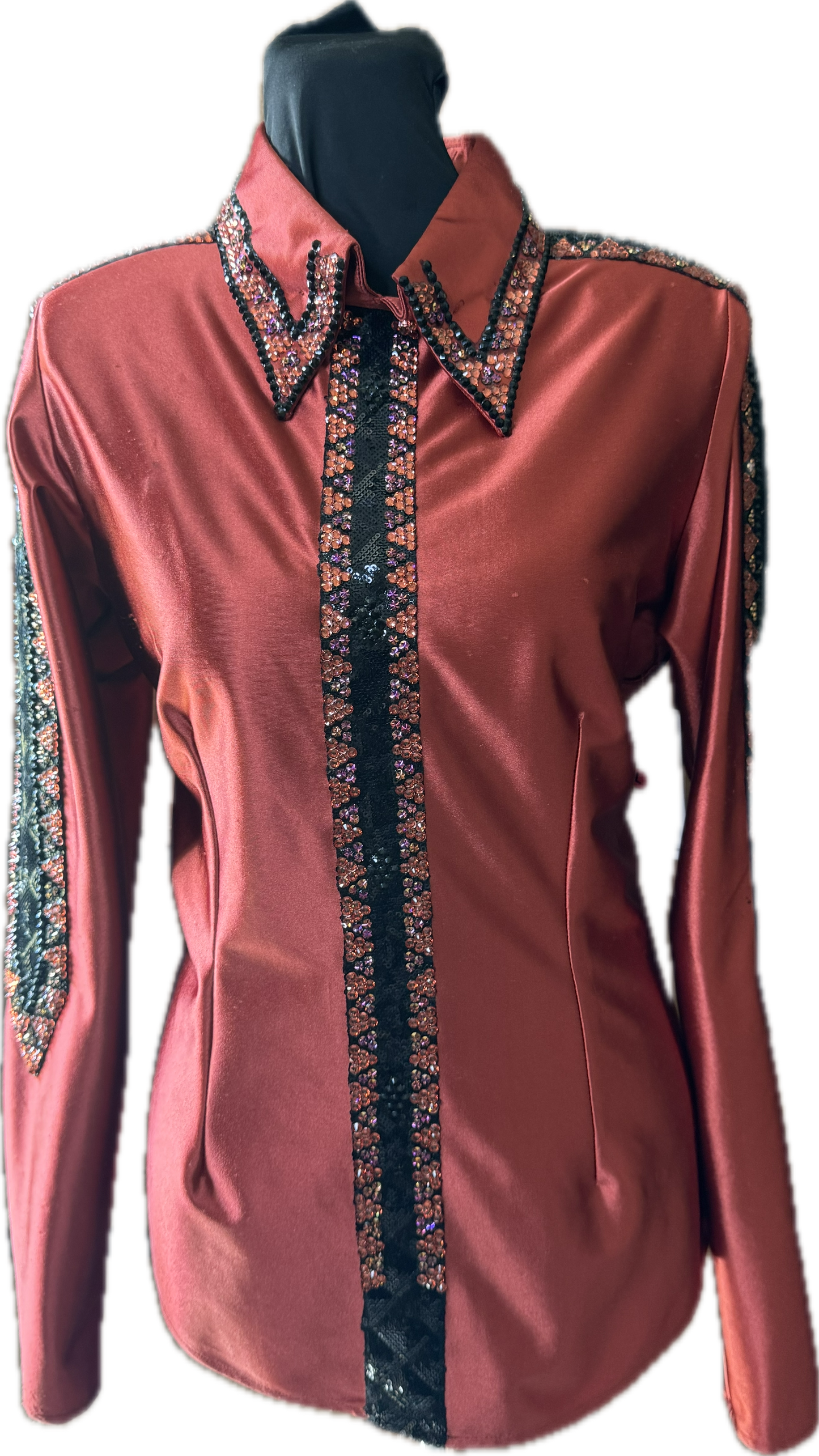 Size Large rust stretch backzip with black accents