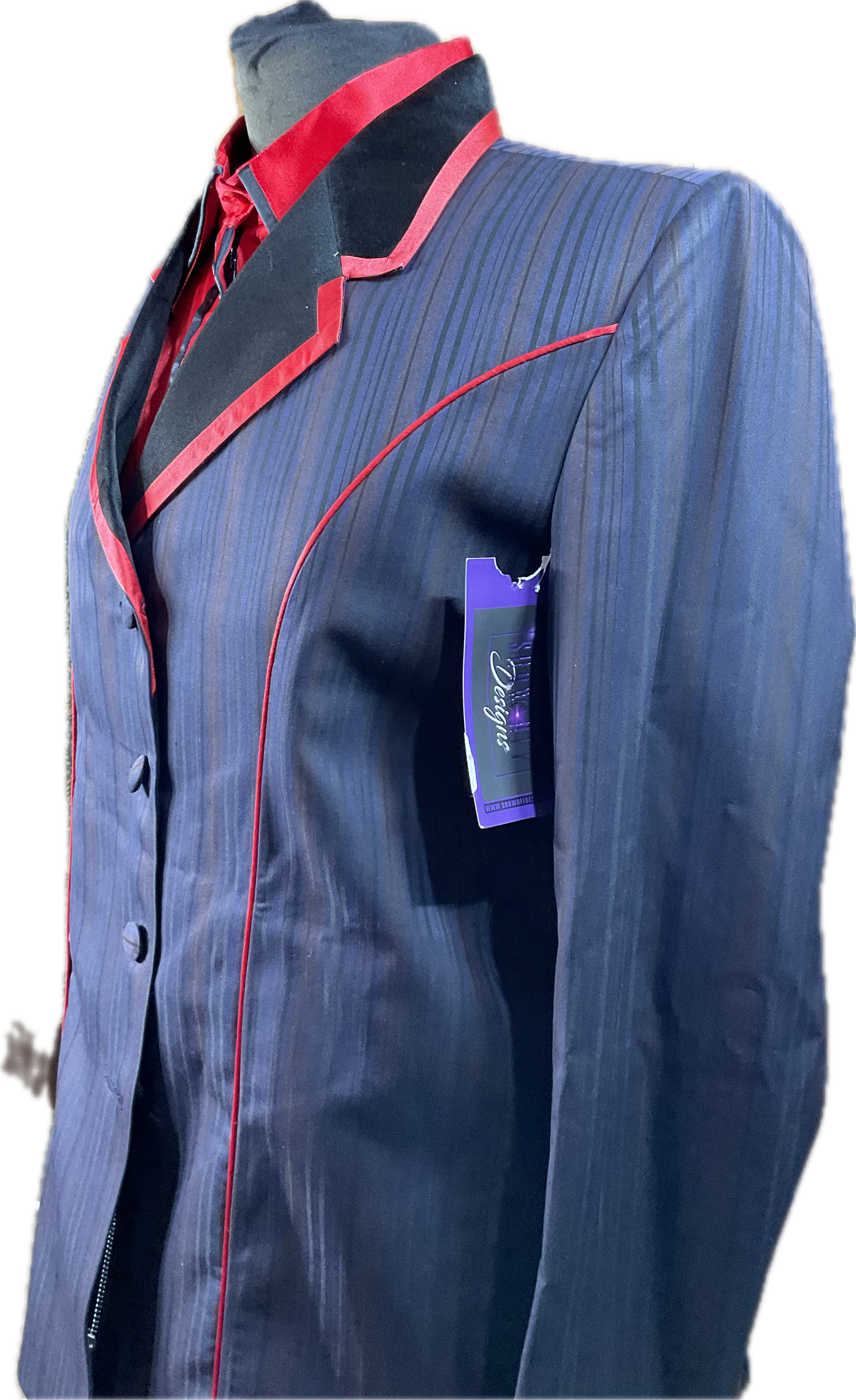 *41 Bust* Black, red and blue pinstripe with matching red shirt with hidden zippers