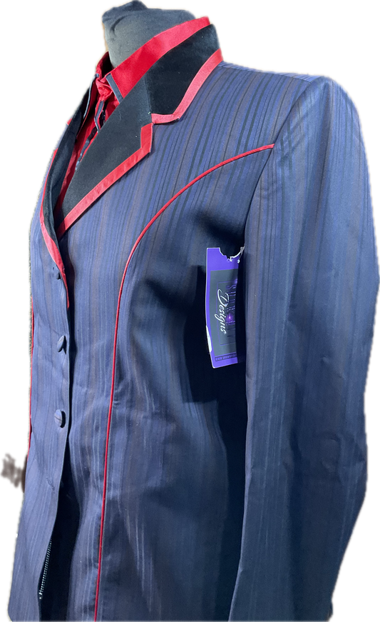 *41 Bust* Black, red and blue pinstripe with matching red shirt with hidden zippers