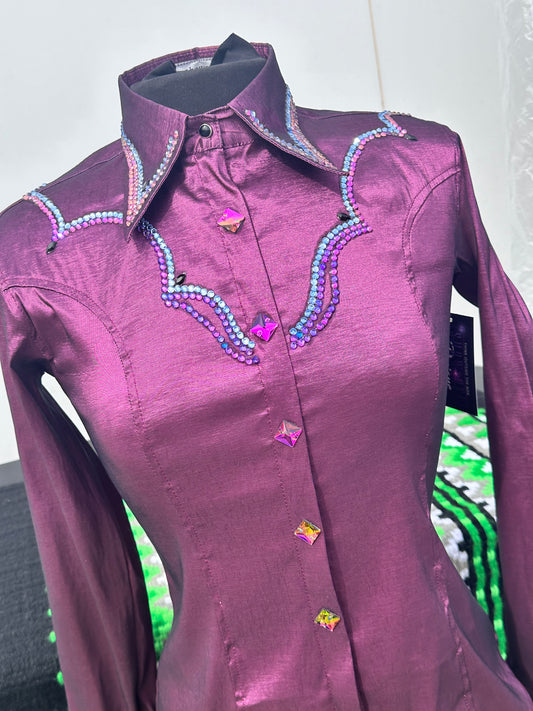 XS day shirt stretch taffeta deep rose purple with purple and light sapphire western yoke