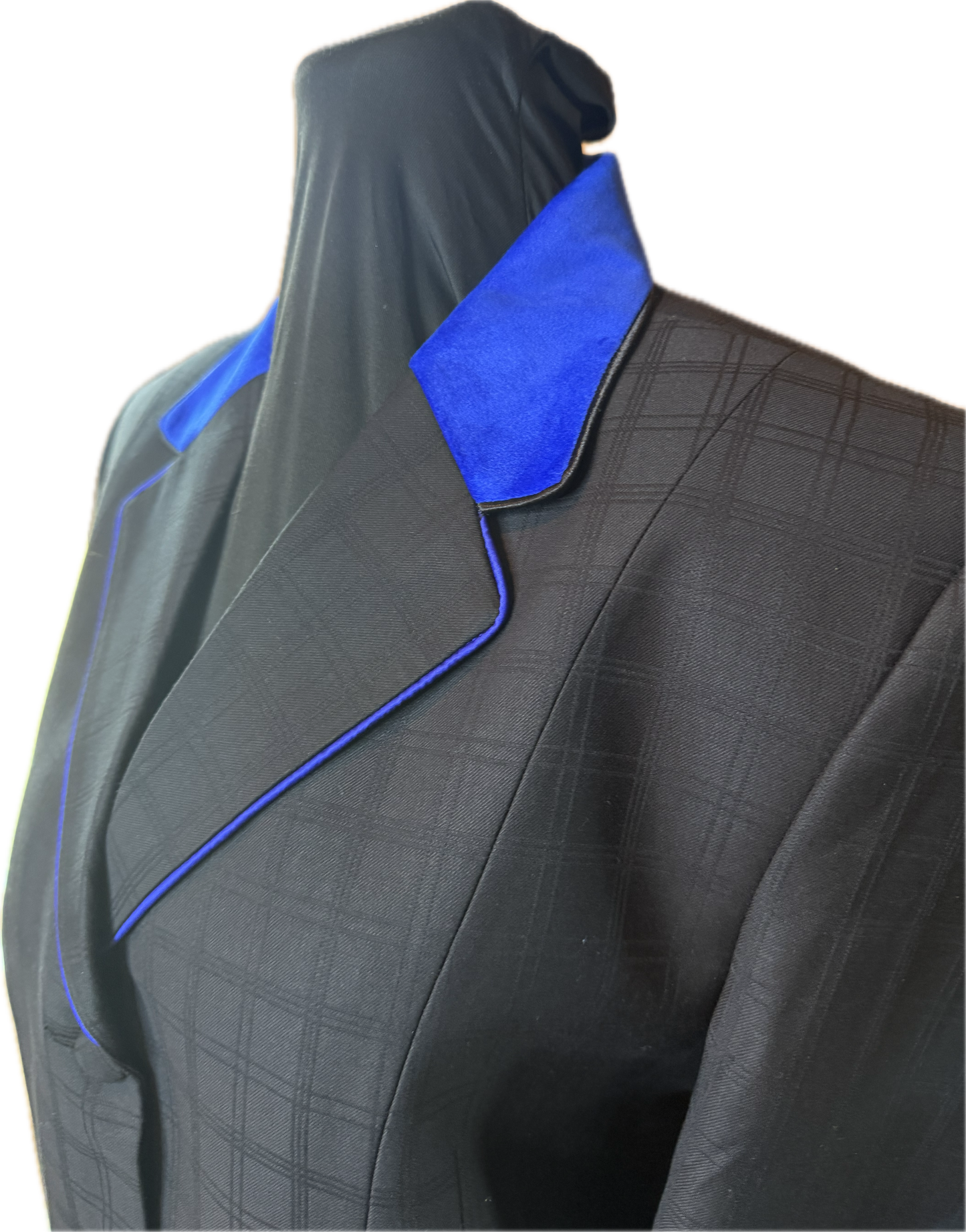 *40 Bust* Black Plaid with Royal Blue Velvet Collar and Matching Trims