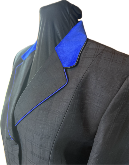 *40 Bust* Black Plaid with Royal Blue Velvet Collar and Matching Trims