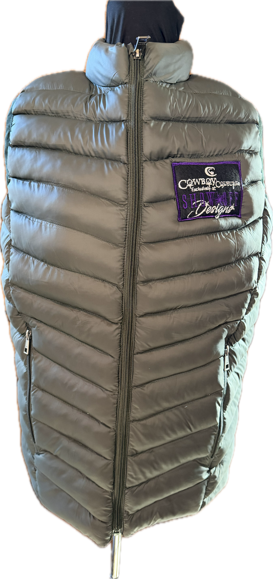 Men's Olive Green Cowboy Couture Puff Embroidered Vest. Zip up front.