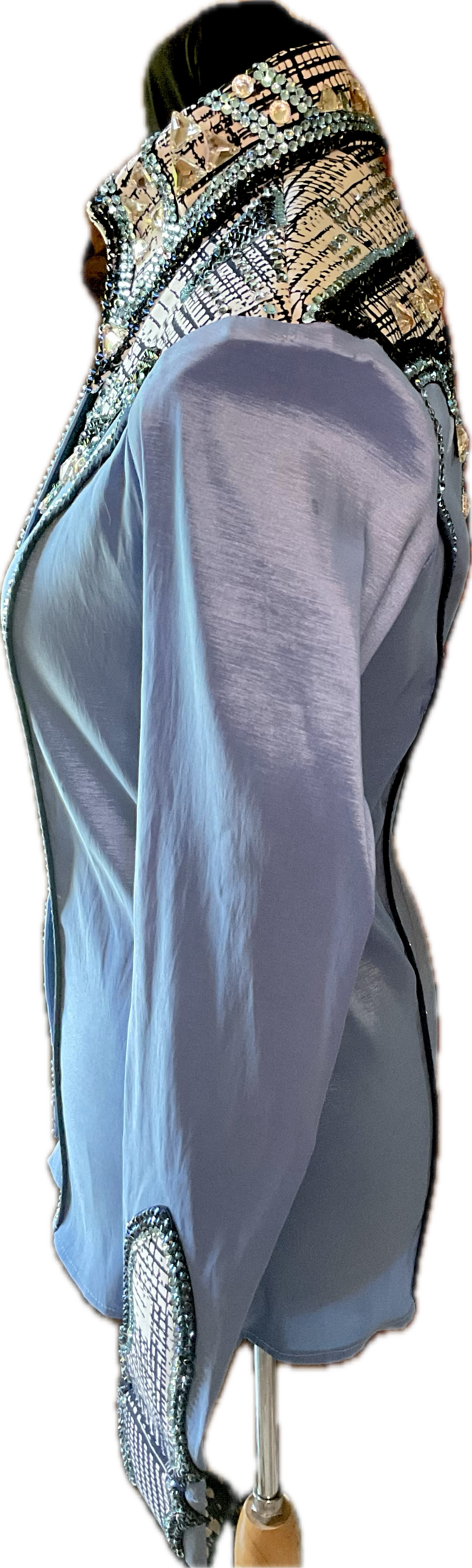 Size Small Light Blue Striped Stretch Taffeta Day Shirt with Black and Aqua Detail