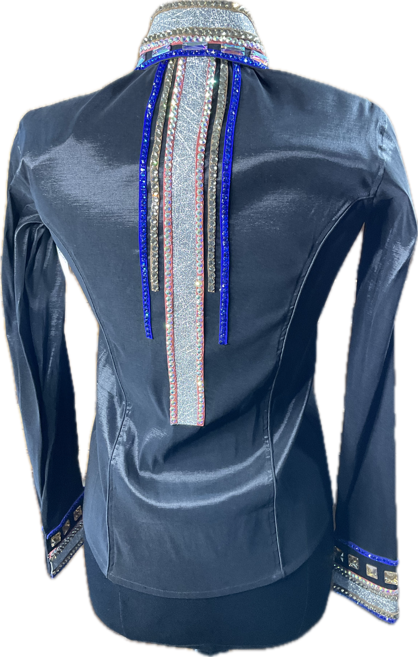 Small black stretch taffeta day shirt with royal blue, pink, gold and silver accents