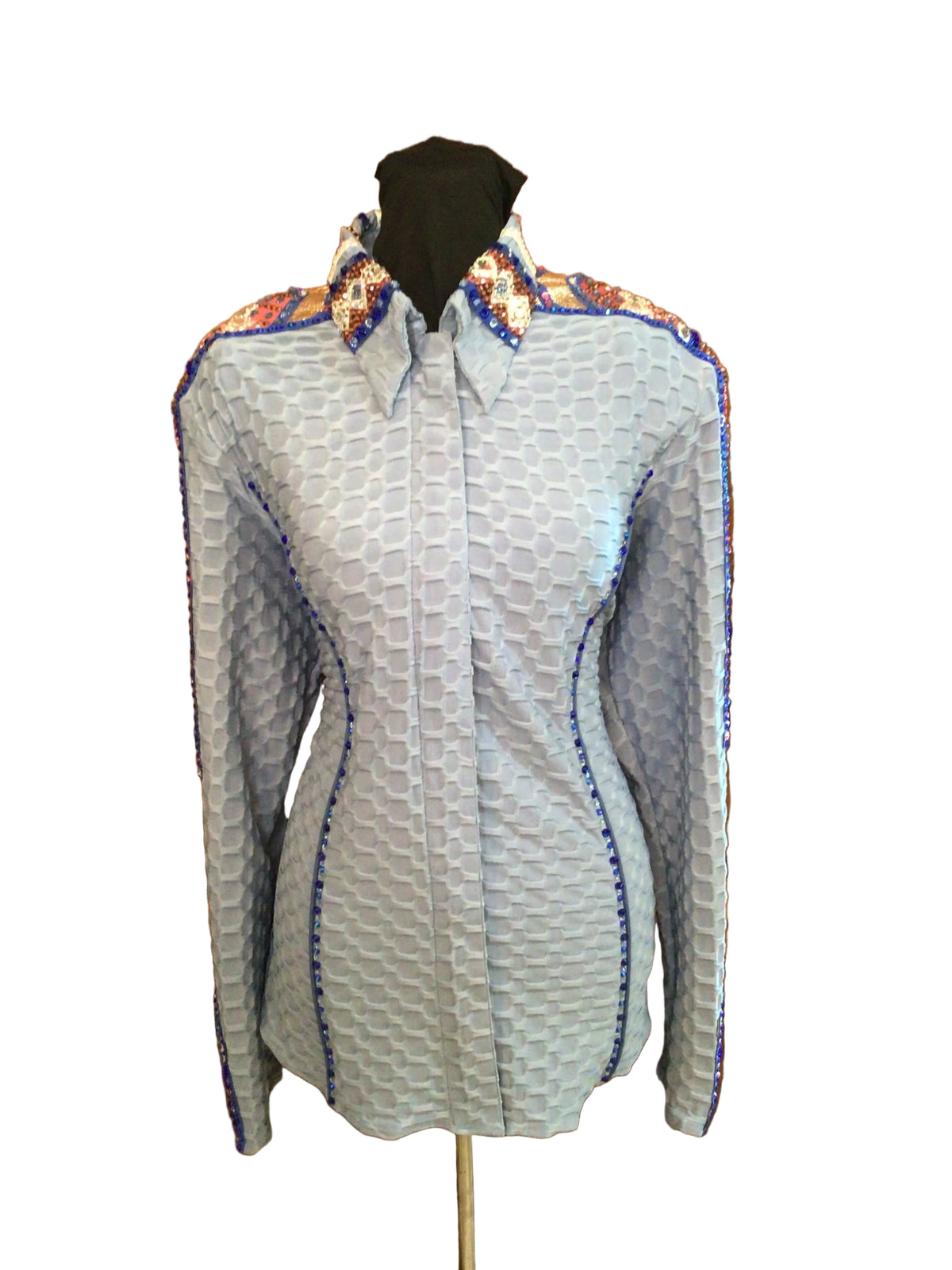 Large Light Blue Textured Stretch Lycra with Rust Colored Shoulder Details