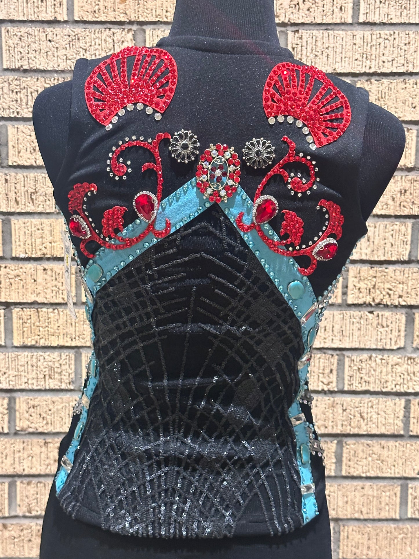 Extra Small Black vest with turquoise, grey and red design