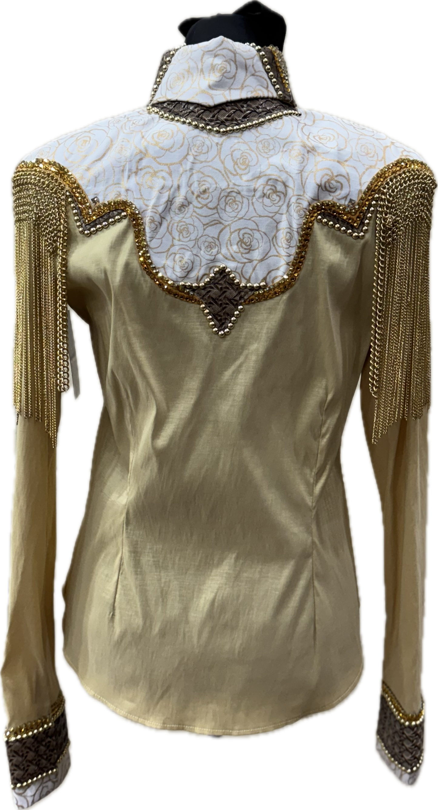 Size Medium Gold Stretch Taffeta. Retro Floral Design with Gold Chain Fringe and Leather Accents