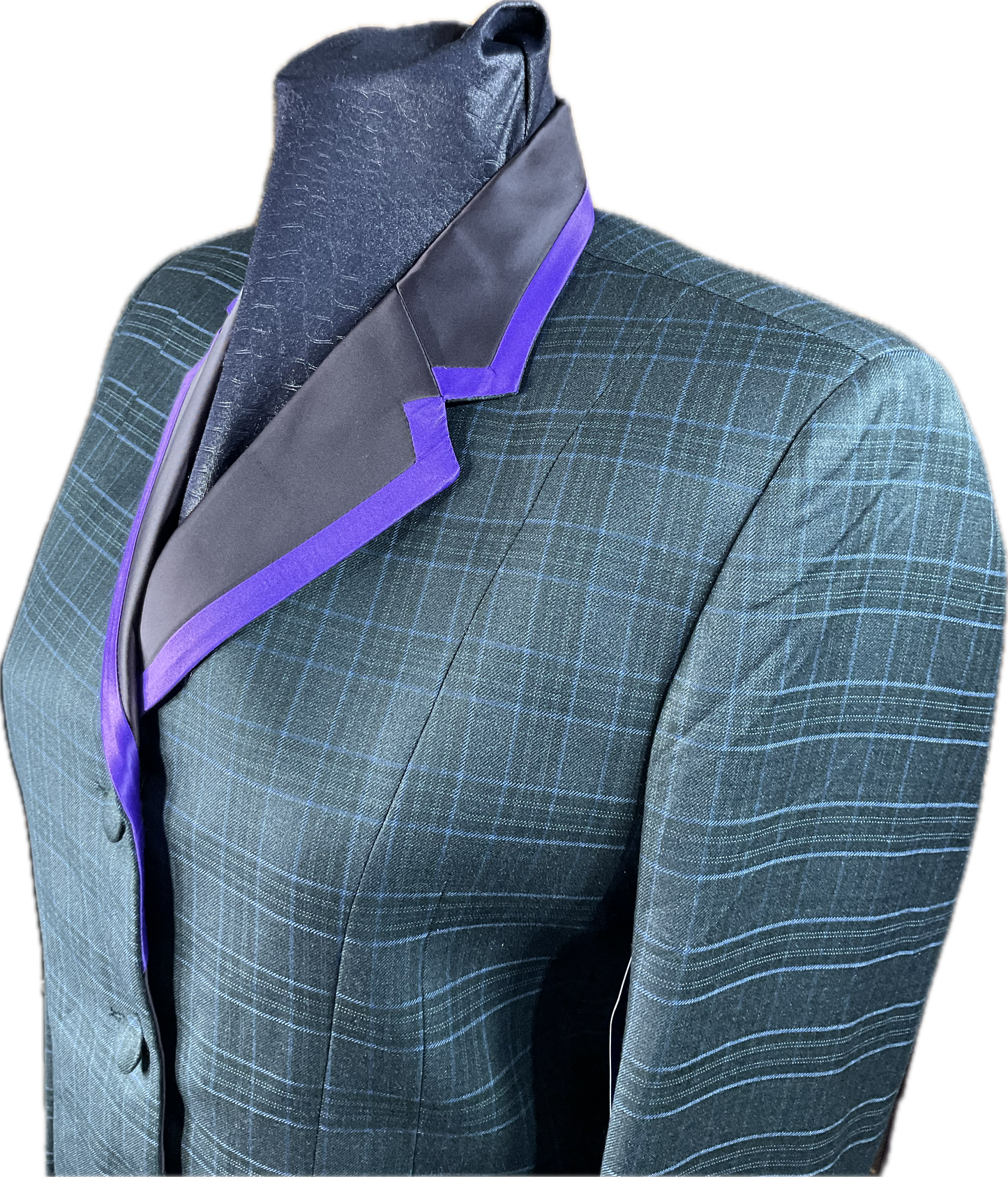 *32 Bust* Hunter green plaid with purple trims. Hidden zipper behind the buttons.