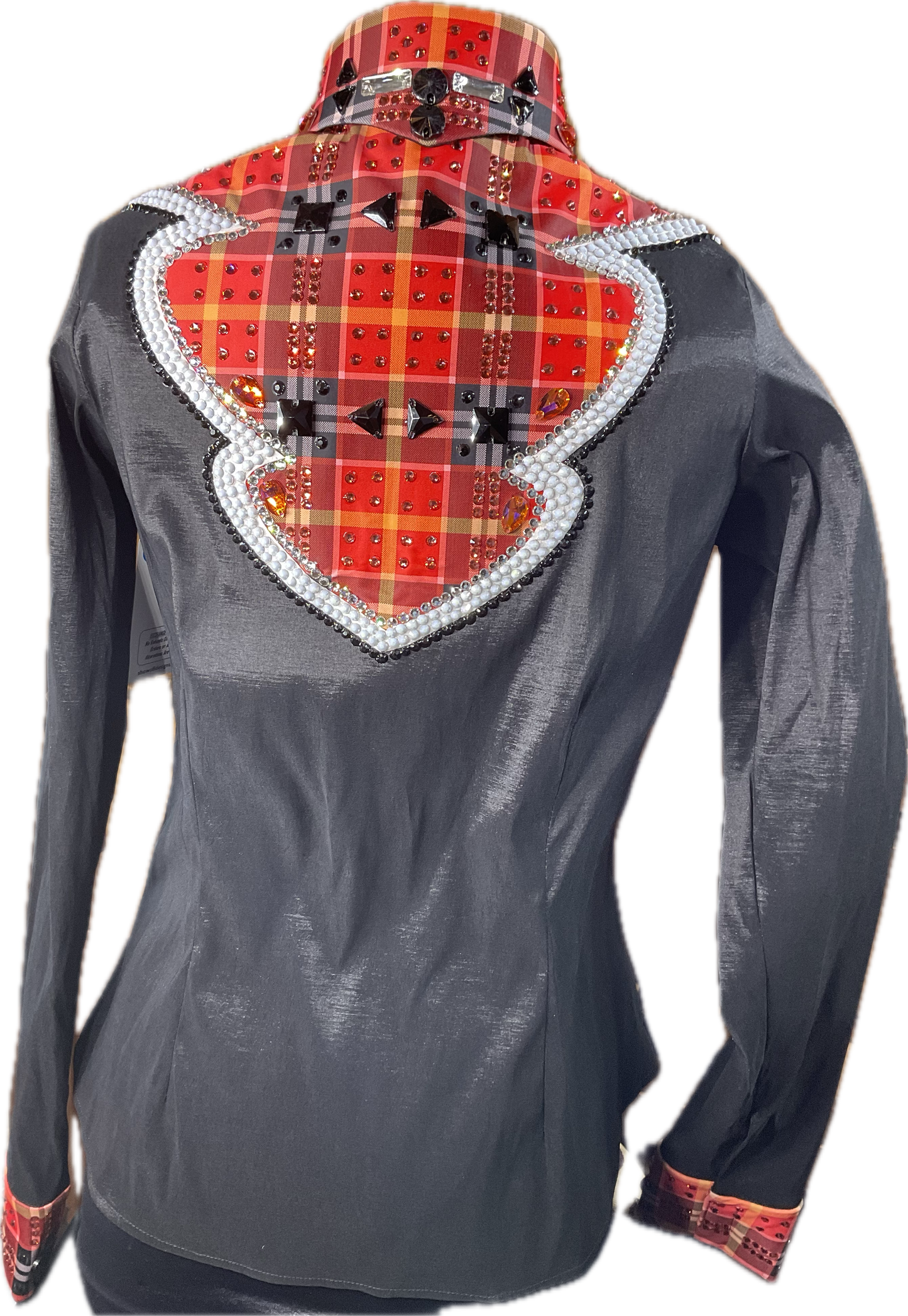 Medium black stretch taffeta with orange plaid retro design