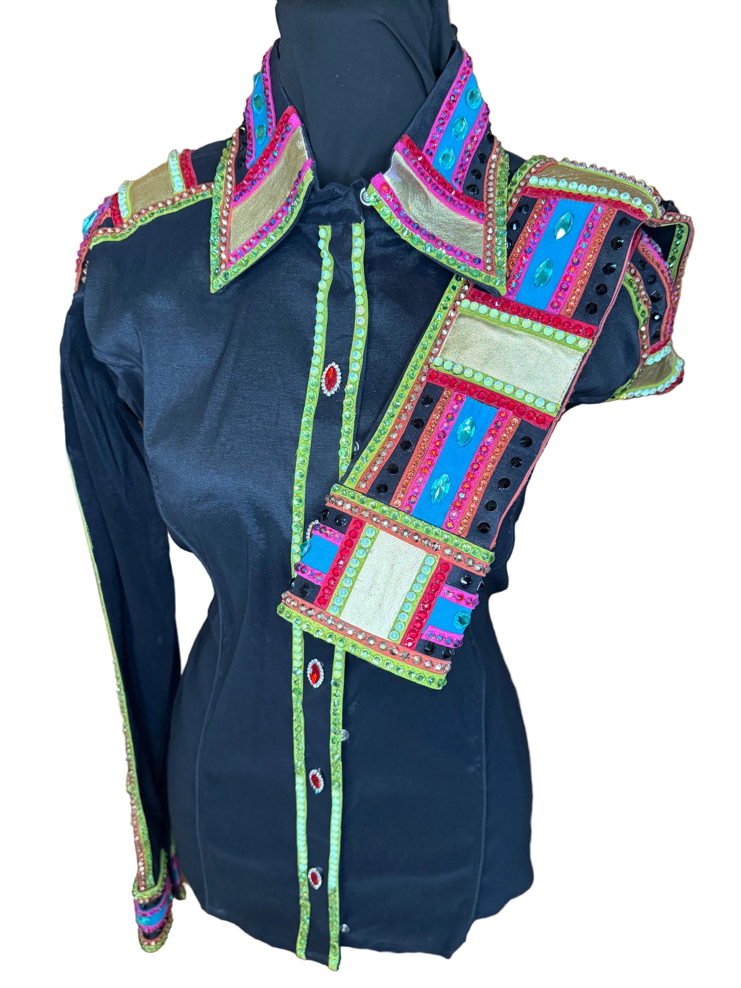 Large Black Stretch Taffeta with Pink, Gold and Turquoise