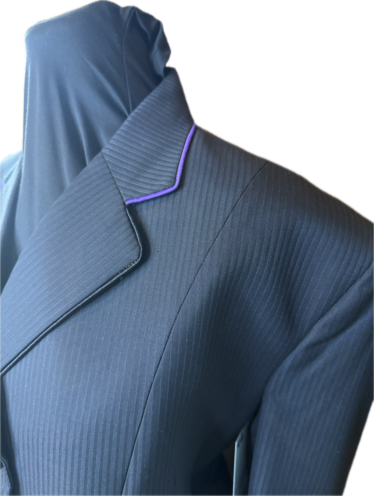 *42 Bust* Black Pin Stripe with Purple Piping