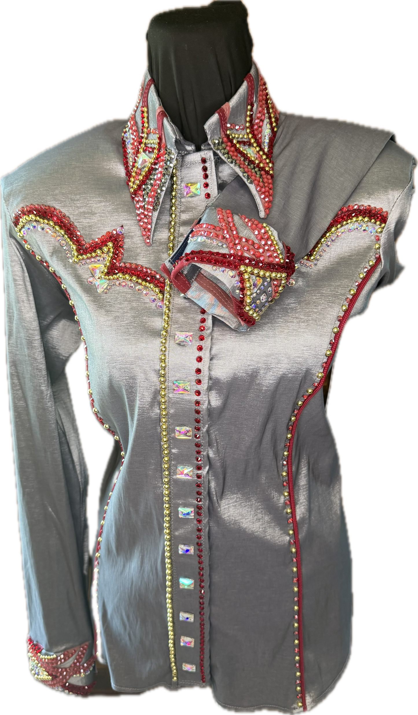 Large Stretch Taffeta Day Shirt Charcoal with Burnt Red and Gold Retro Designs