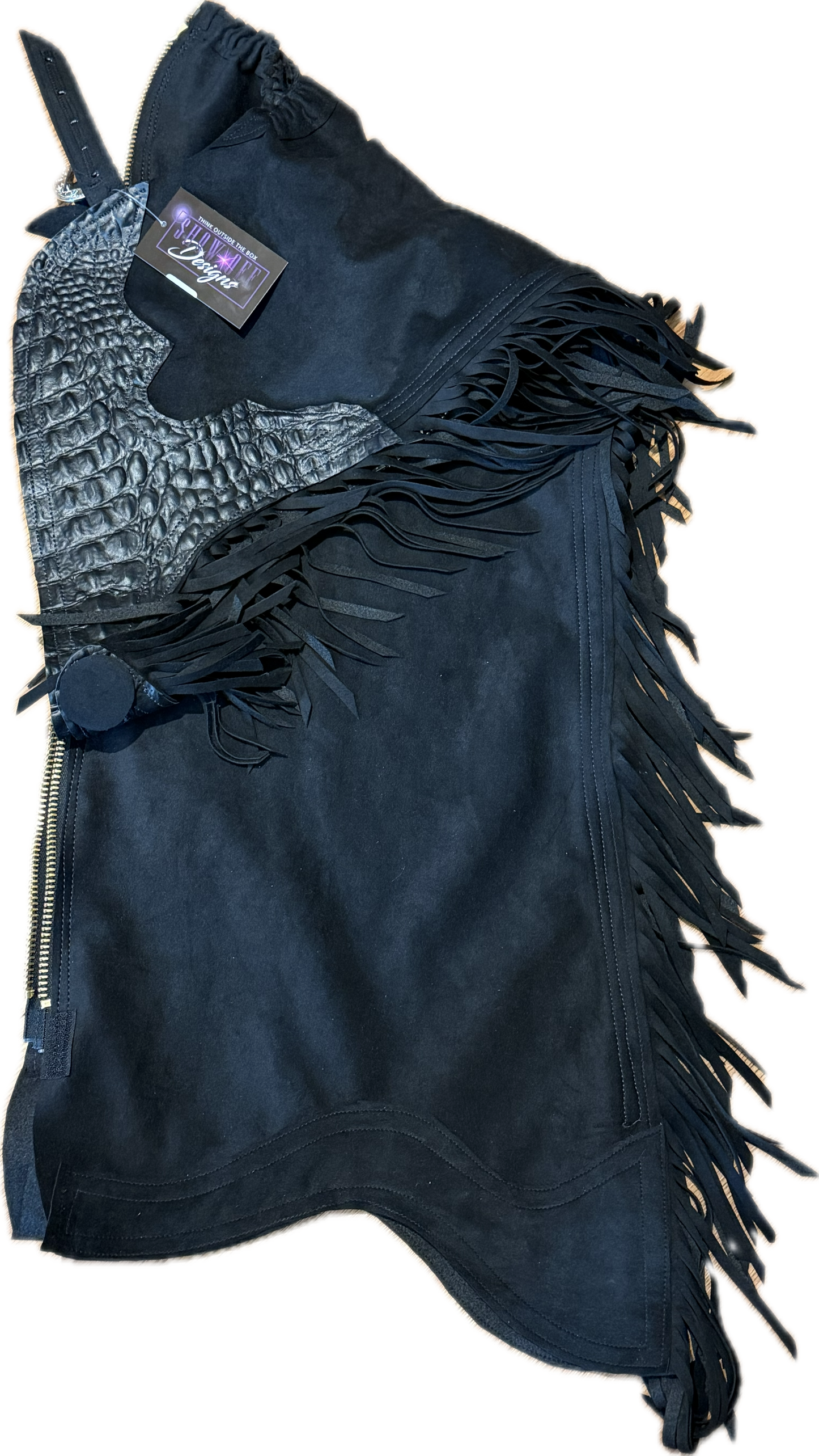 Youth LARGE Black Ultrasuede Chaps 30" Inseam with Gator Top Yoke