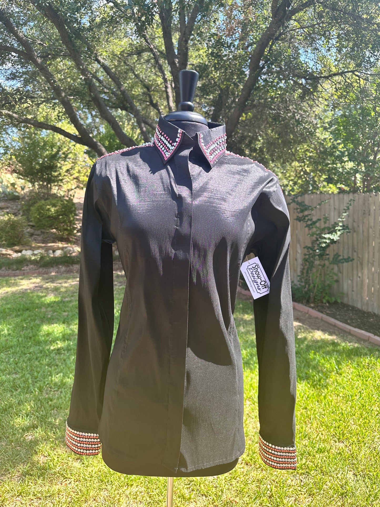 Extra Large day shirt stretch taffeta black hidden zipper with corals and clears