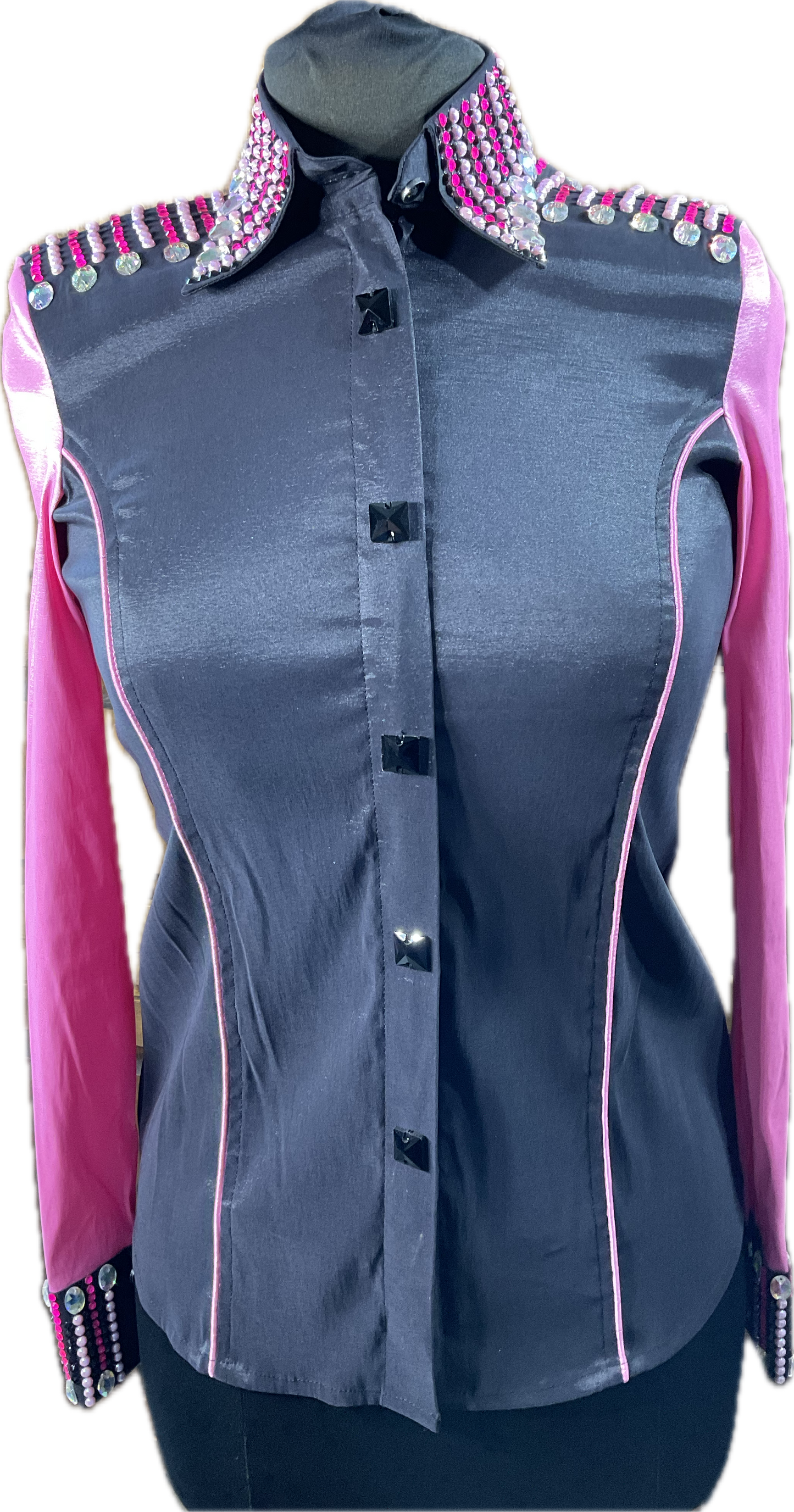 Small black stretch taffeta day shirt with sachet pink sleeves