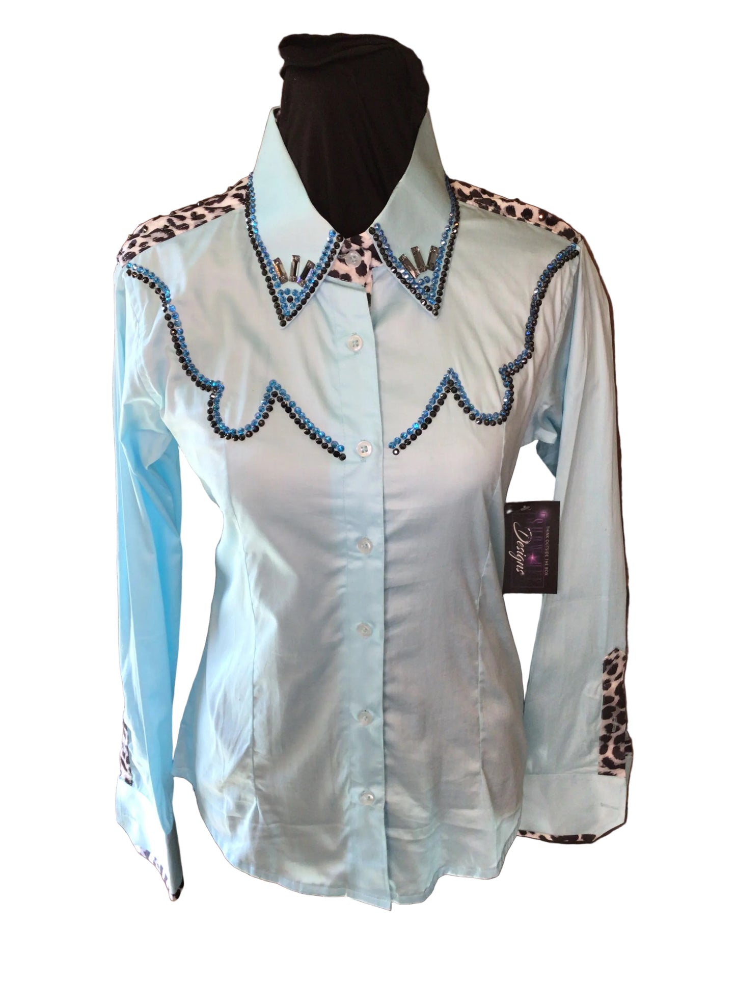 XS Light Blue Cotton Day Shirt. Button Front with Animal Print Yoke