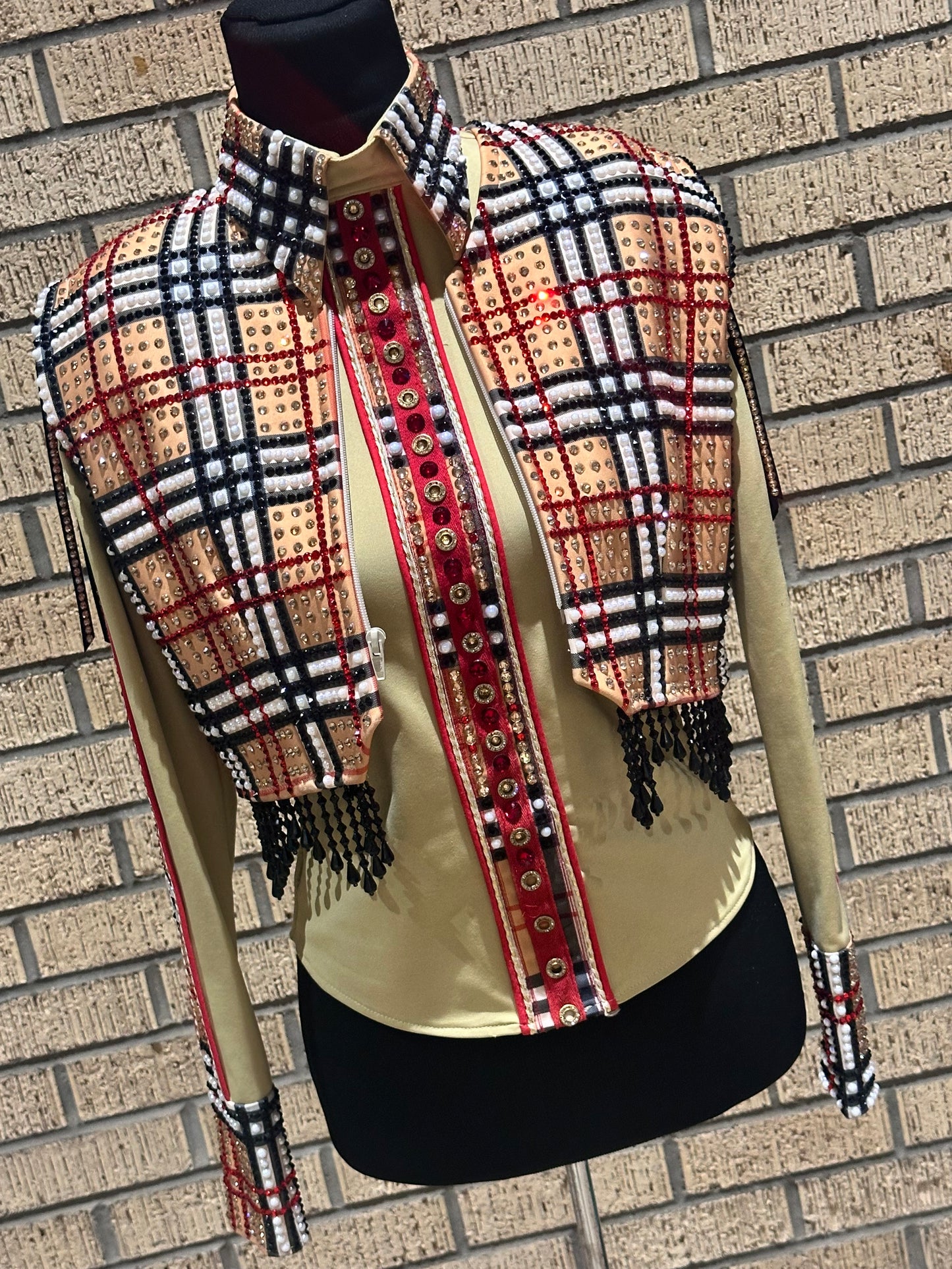 Extra Small Gold, and red plaid Bollero Vest WITH DETACHABLE FRINGE. back fringe and bottom fringe