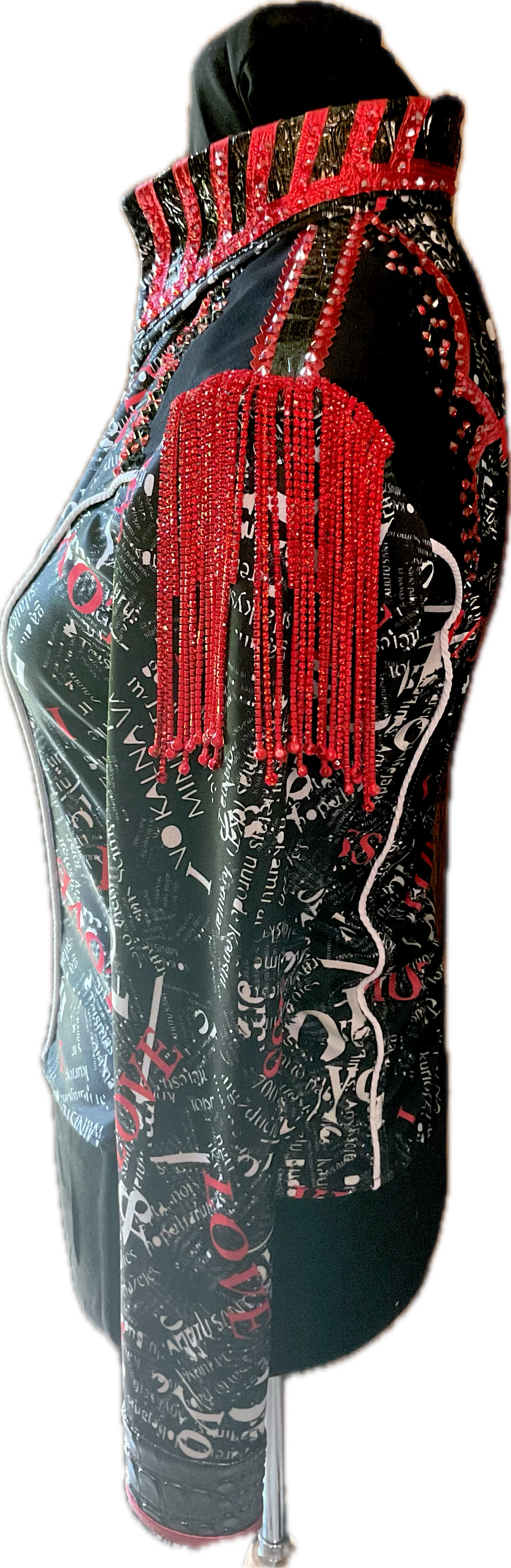 Kids 14 Black Stretch Lycra Day shirt with Red Fringe and White Details