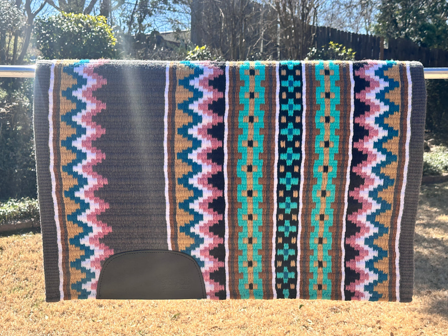 B125 Oversized Saddle Blanket charcoal, black, bright mint, soft pink, indian tan, sheep skin and turquoise