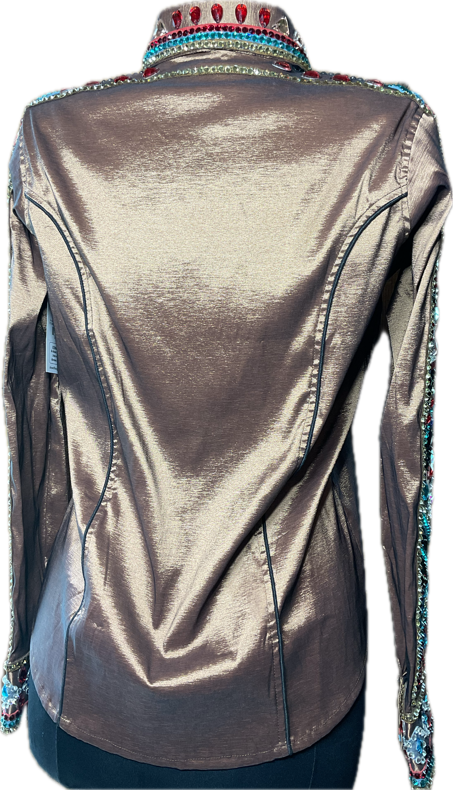 Size Large Brown Stretch Taffeta Day Shirt With Black, Gold, Red and Aqua Blue Accents