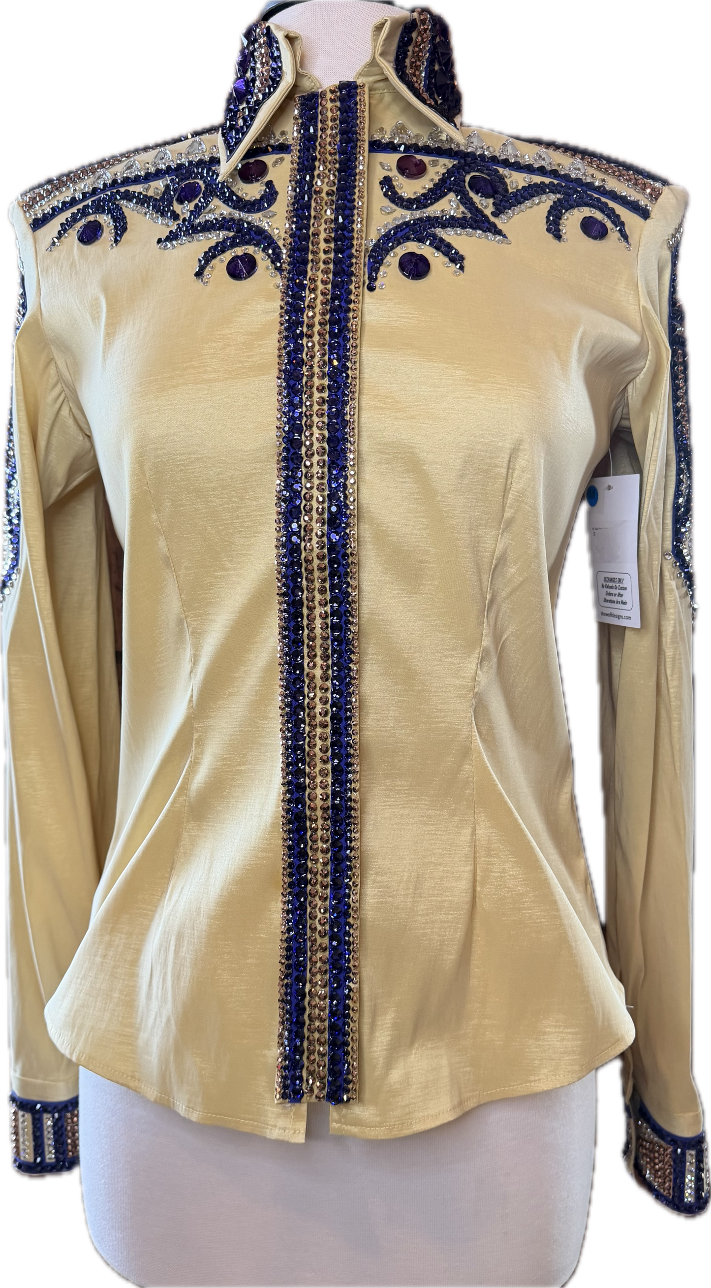 Size medium day shirt gold stretch taffeta with purple retro design