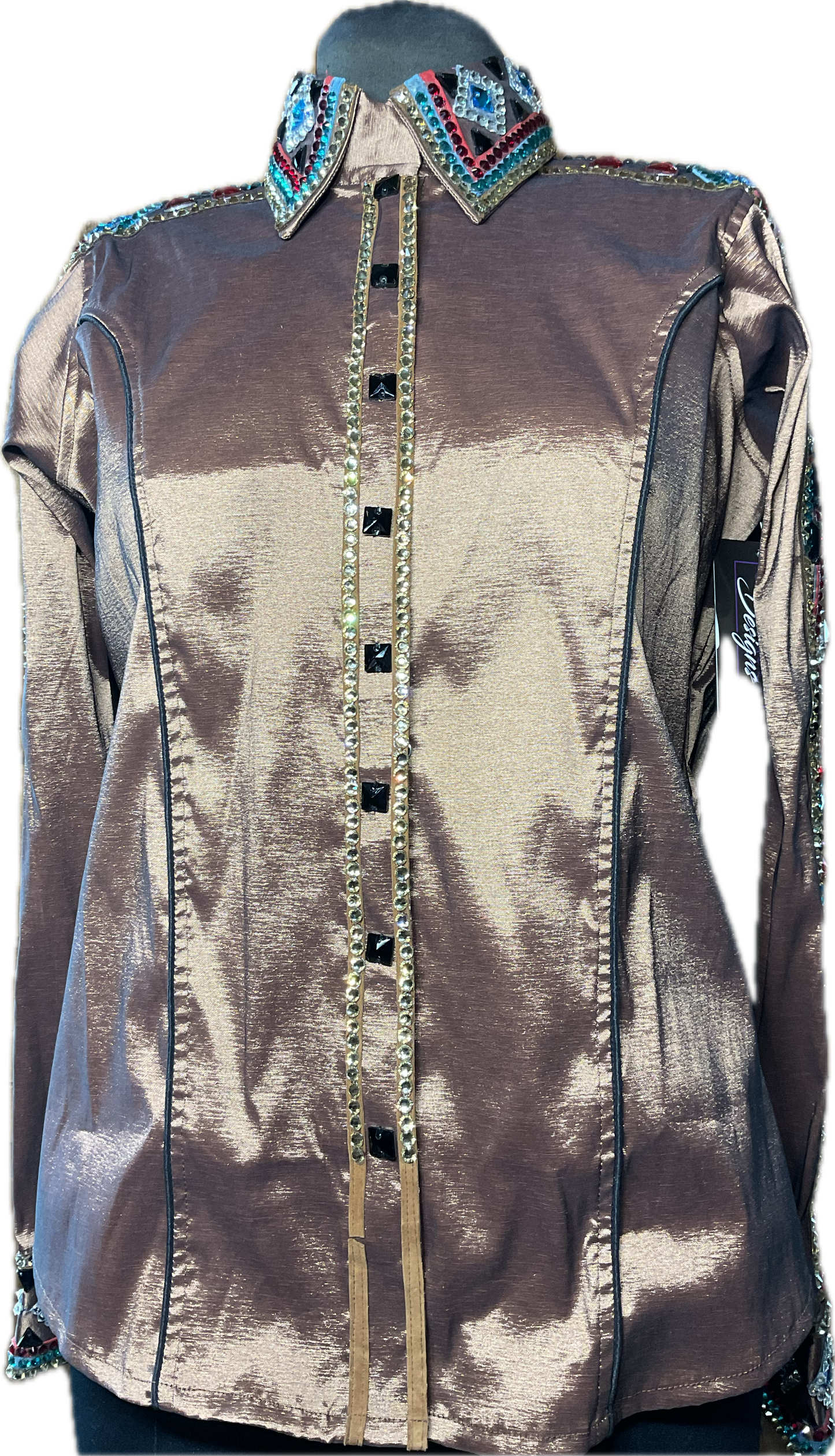 Size Large Brown Stretch Taffeta Day Shirt With Black, Gold, Red and Aqua Blue Accents