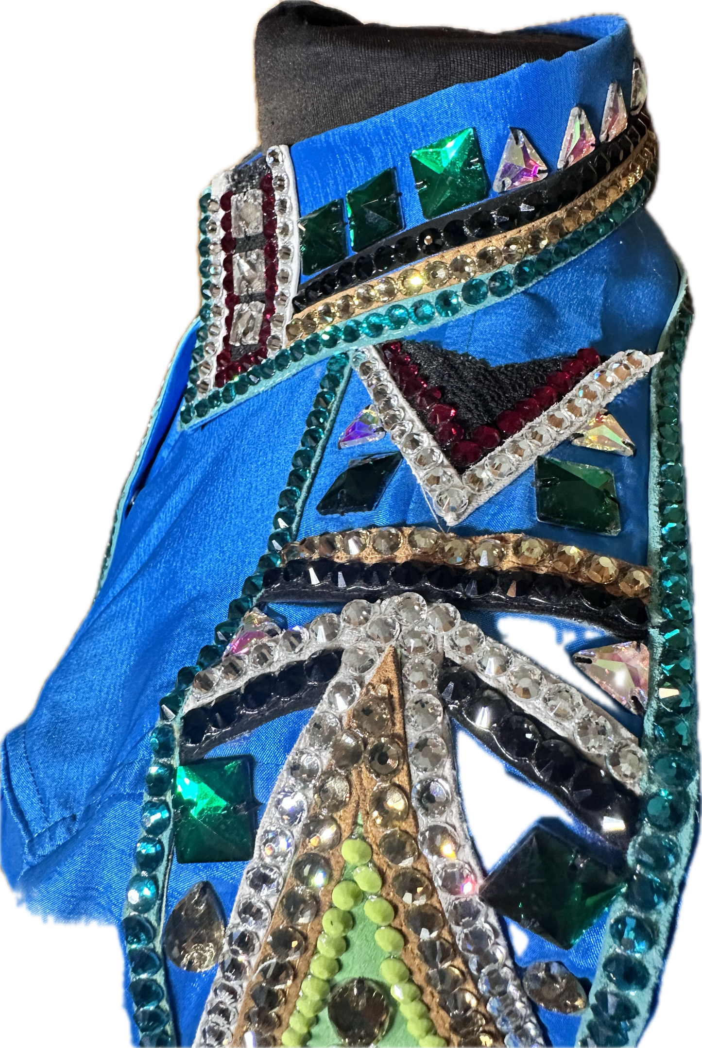 Size Medium Bright Turquoise Stretch Taffeta Day Shirt with Black, Gold, Red, Green and White