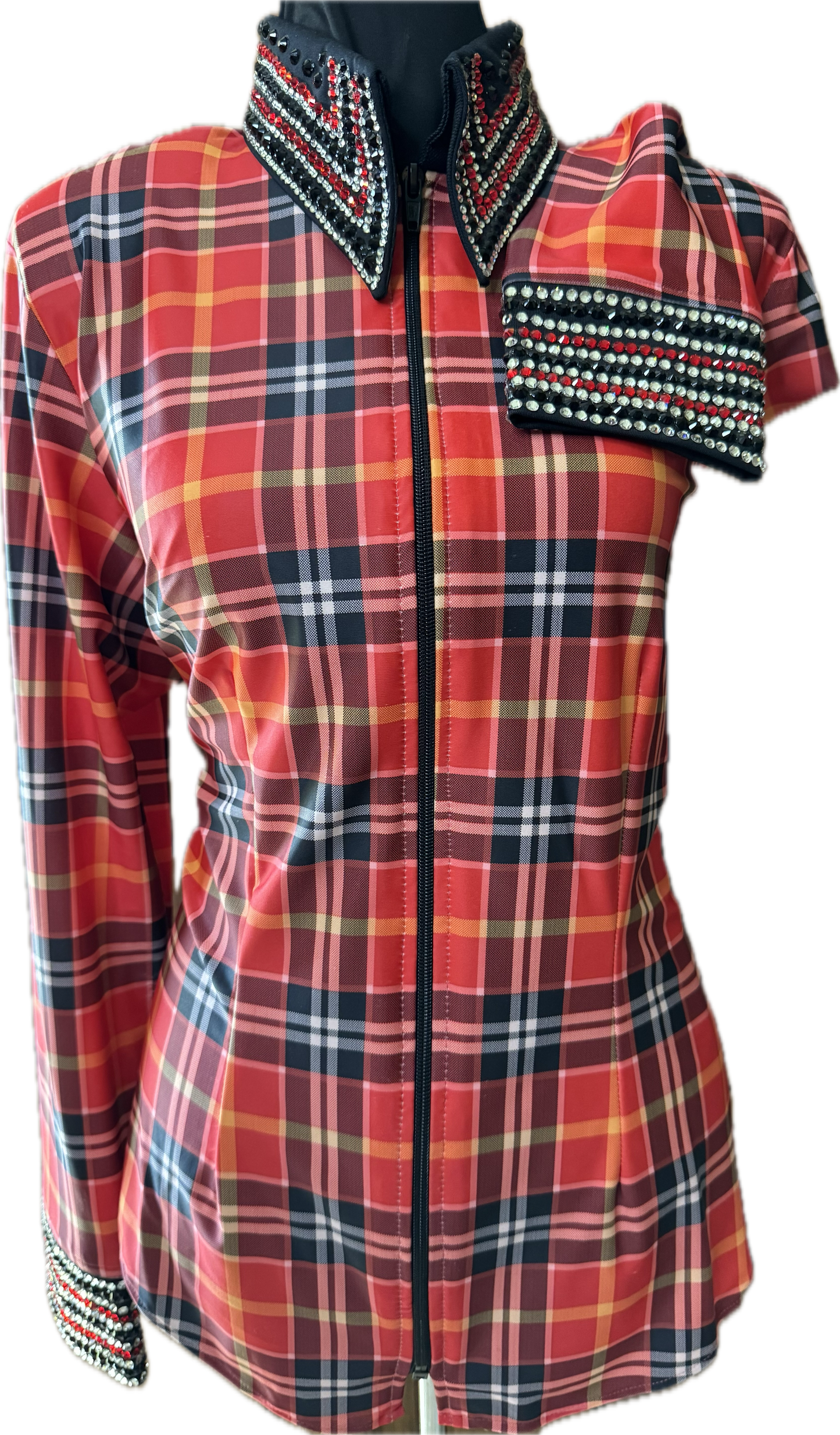 Large day shirt black and orange plaid lycra day shirt with crustal accents
