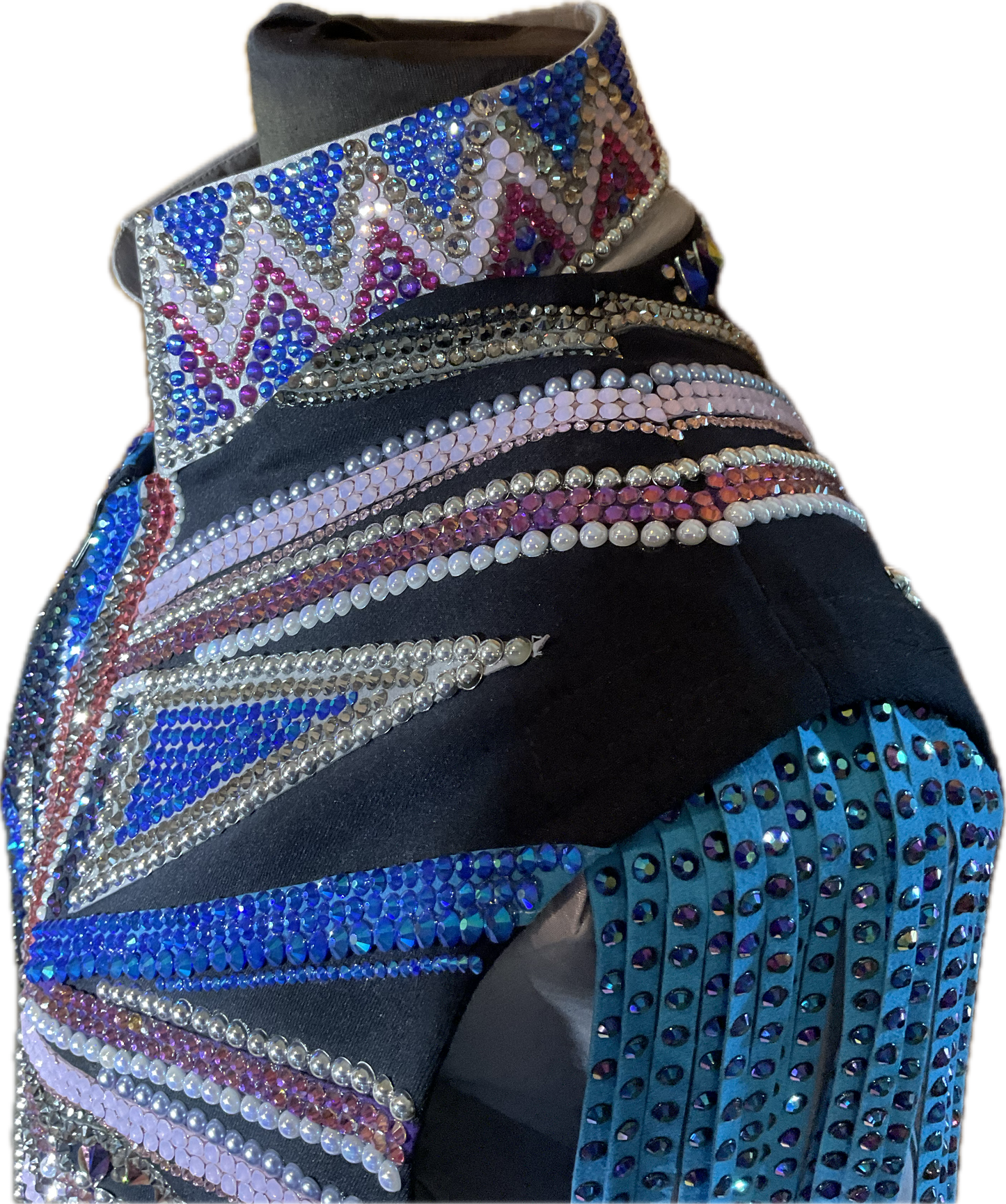 Size XXL black vest set with purples and blues. Detachable shoulder fringe and matching silver stretch taffeta day shirt