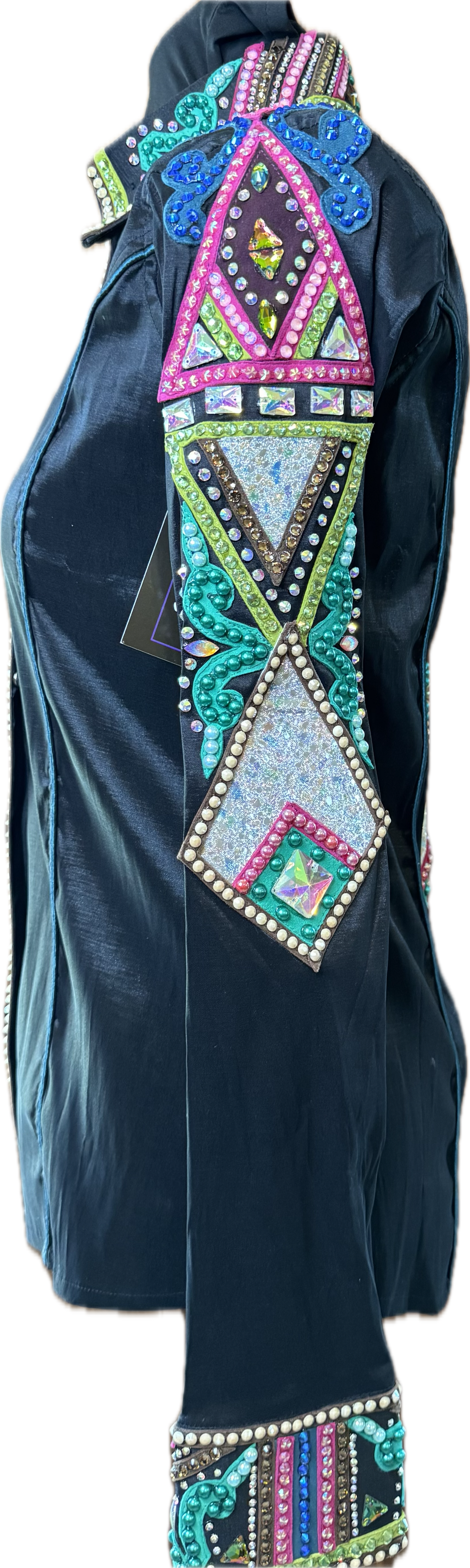 Small Black Stretch Taffeta with light green, dark green, brown with Blue Accents