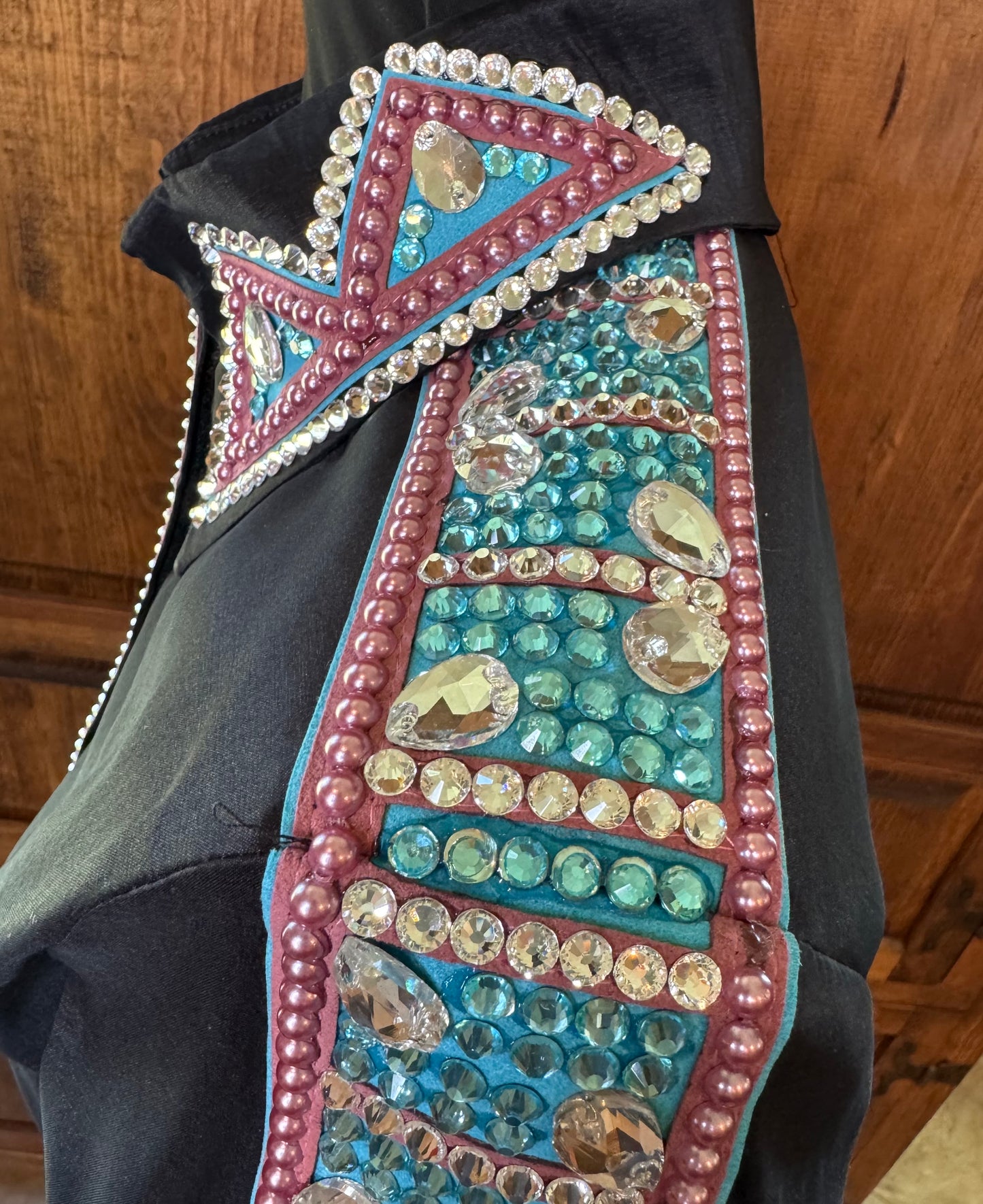 Size Medium Black Stretch Taffeta with Mauve and Aqua Accents