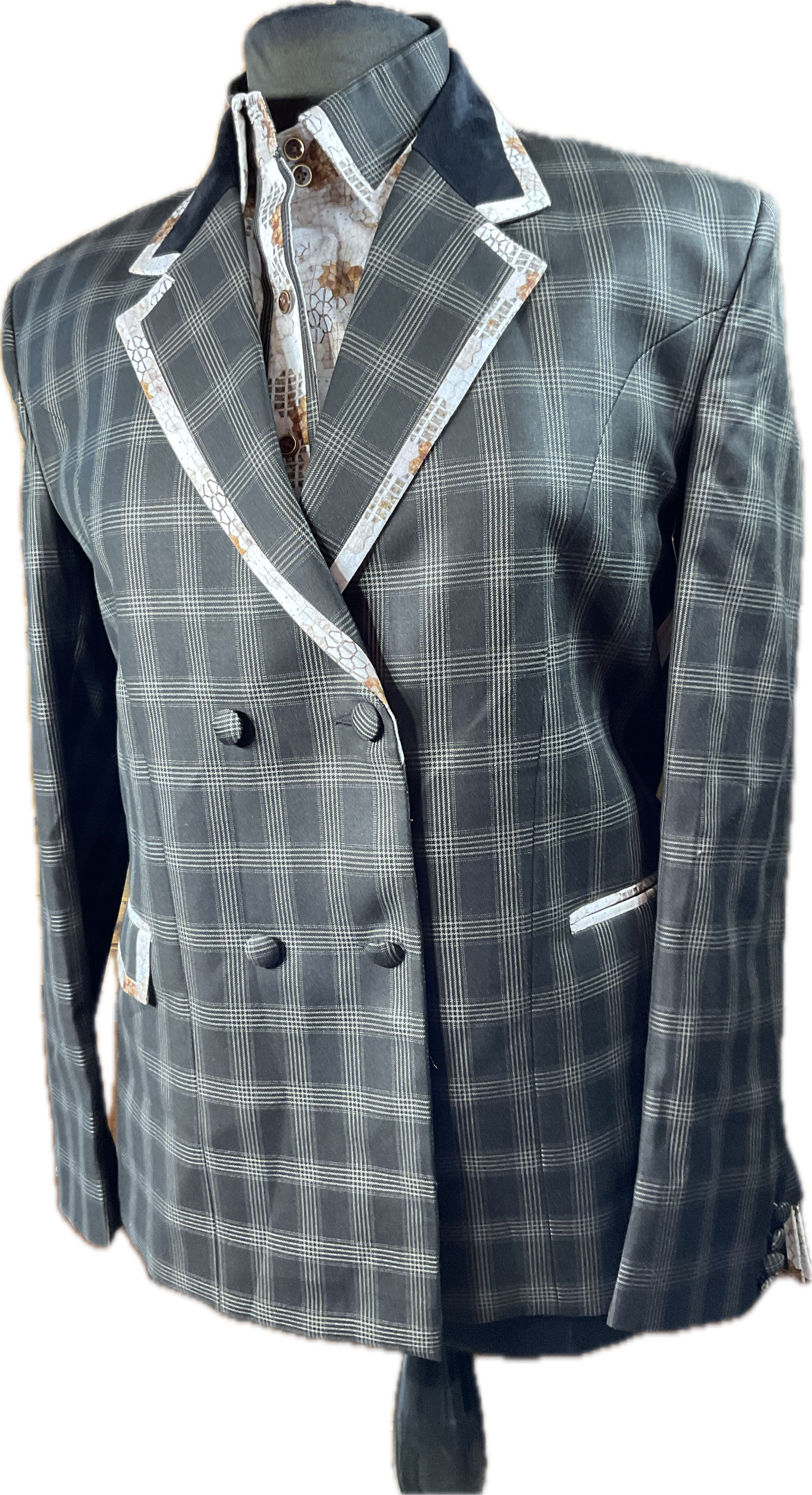 *38 Bust* Brown plaid with matching print trims. Matching shirt. Coat has hidden zippers and shirt has no zipper.