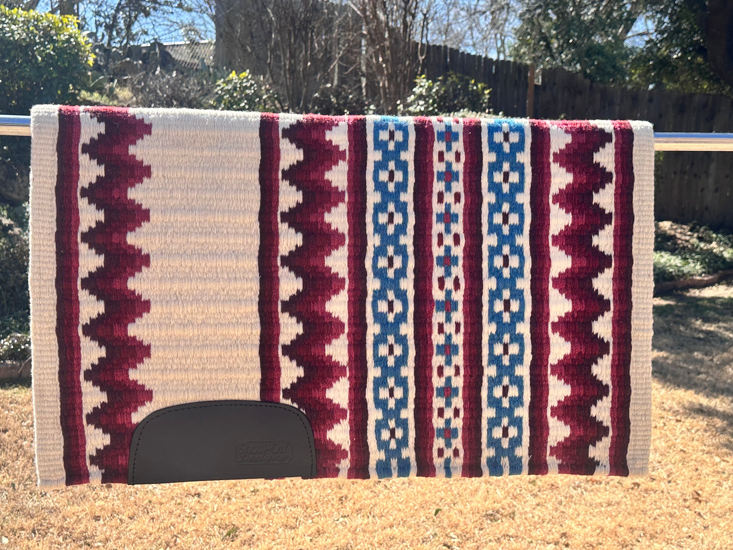 R2 Ranch-Oversized Saddle Blanket  (34x38) cream, ocean blue, dark burgundy, burgundy and maroon